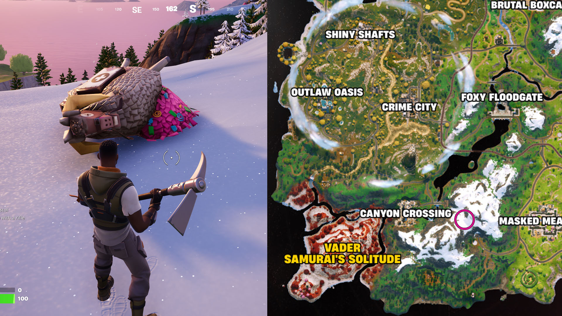 A montage with two Fortnite screenshots. On the right side, you see a map pointing ot the Canyon Crossing region where you’ll find a hiding spot. On the left side, a character facing a piñata. A montage with two Fortnite screenshots. On the right side, you see a map pointing ot the Canyon Crossing region where you’ll find a hiding spot. On the left side, a character facing a piñata.