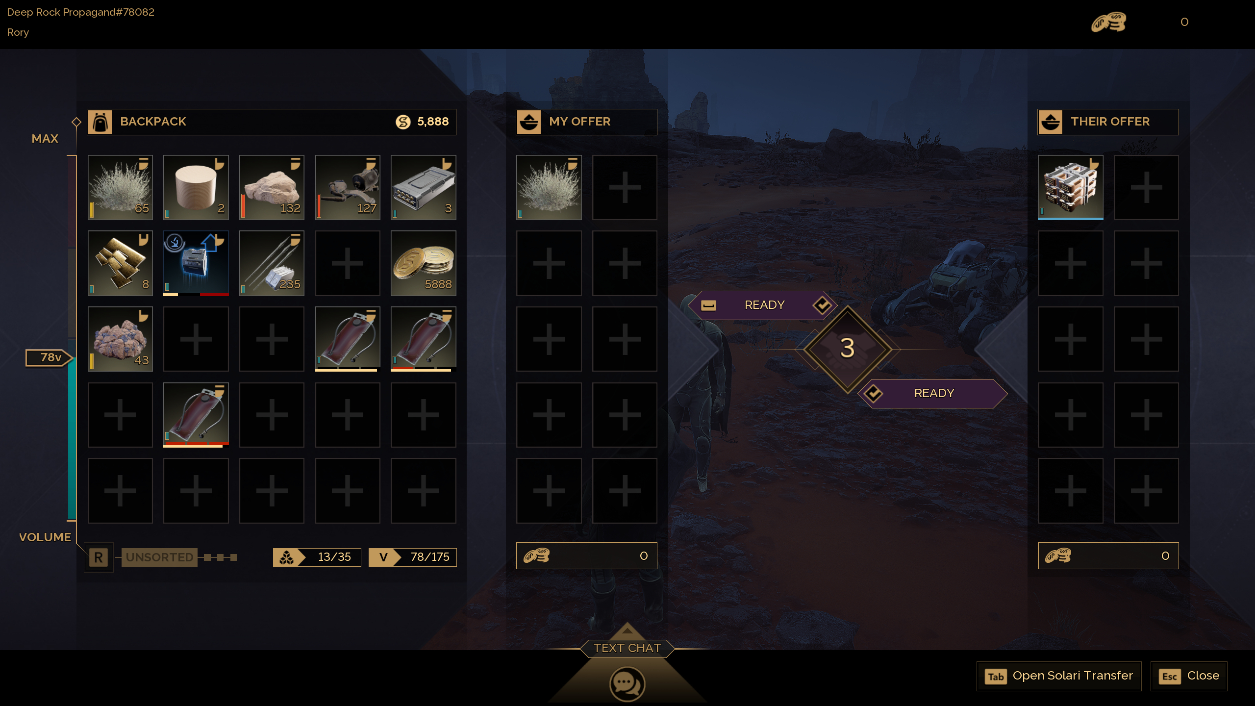 Dune: Awakening trading - The trading interface with another player, showing a player's inventory on the left side.