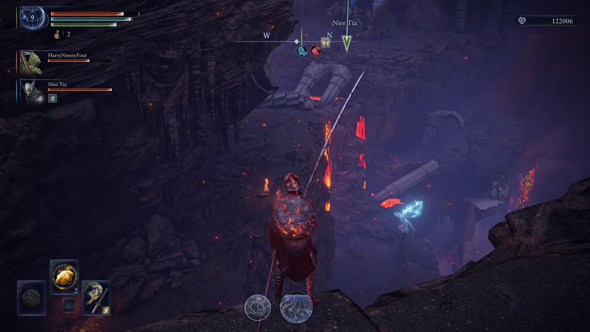 An Elden Ring Nightreign screenshot showing a character wielding a long katana with their both hands.