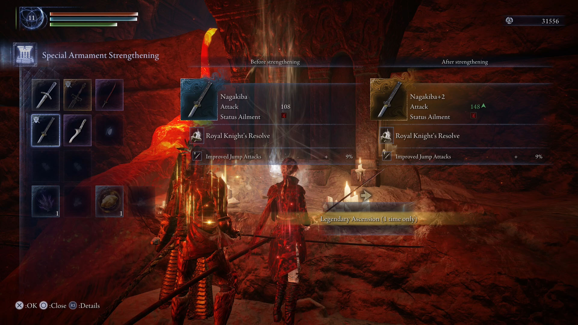 An Elden Ring Nightreign screenshot showing the Special Armament Strengthening menu An Elden Ring Nightreign screenshot showing the Special Armament Strengthening menu