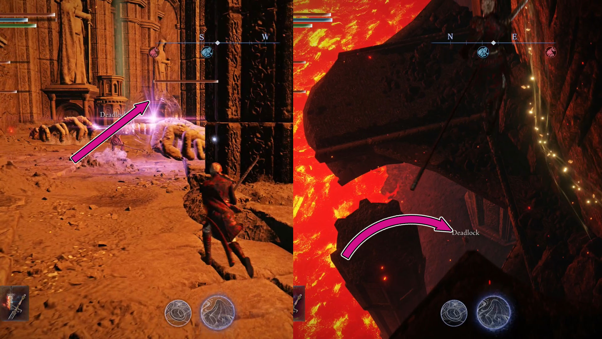 A montage using two Elden Ring Nightreign screenshots. On the left side, we have a corridor with a few Fingercreepers and, on the right side, we see some platforms leading to the lowest floor in the area. A montage using two Elden Ring Nightreign screenshots. On the left side, we have a corridor with a few Fingercreepers and, on the right side, we see some platforms leading to the lowest floor in the area.
