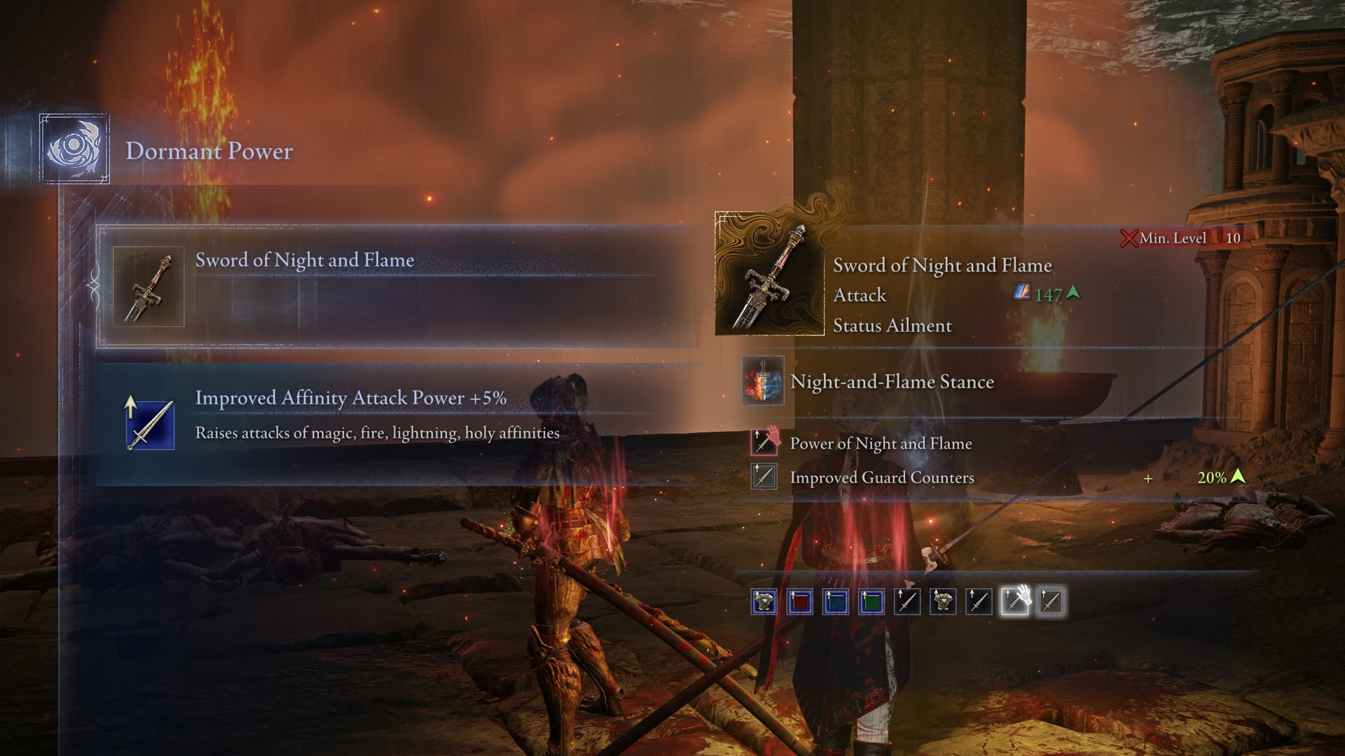 An Elden Ring Nightreign screenshot showing the description of the Legendary weapon Sword of Night and Flame. An Elden Ring Nightreign screenshot showing the description of the Legendary weapon Sword of Night and Flame.