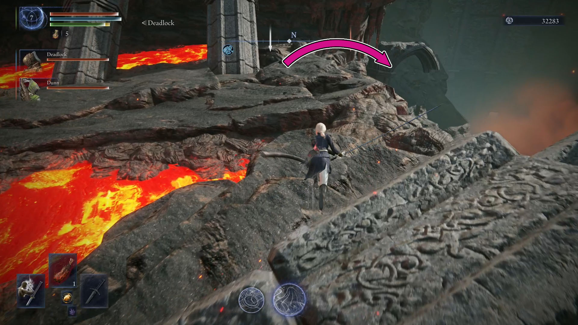 An Elden Ring Nightreign screenshot showing the Duchess character next to a cliff and an arrow showing the location where players should head to. An Elden Ring Nightreign screenshot showing the Duchess character next to a cliff and an arrow showing the location where players should head to.