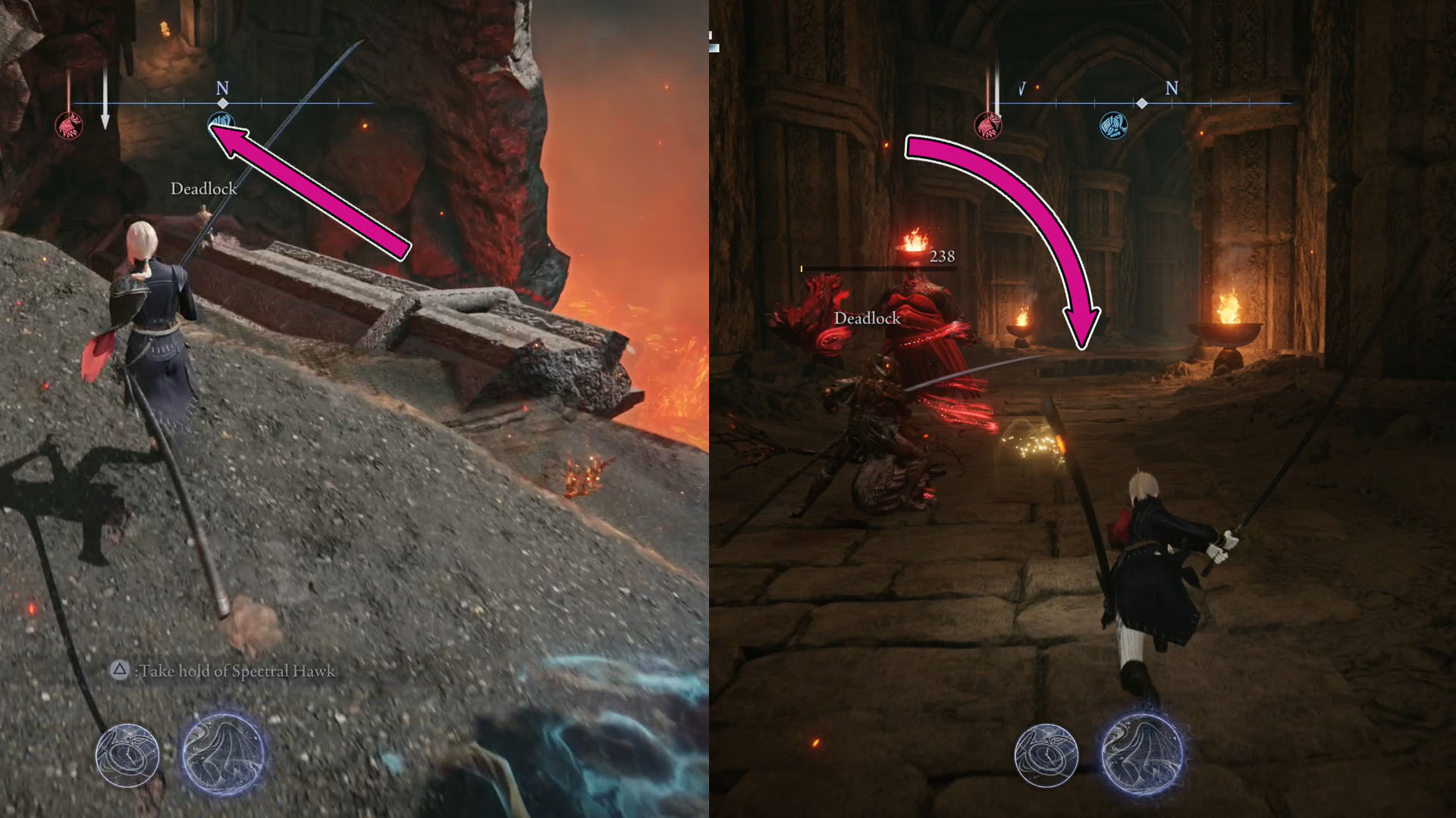 A montage using two Elden Ring Nightreign screenshots showing the first segment of the path that leads to the special Smithing Table. A montage using two Elden Ring Nightreign screenshots showing the first segment of the path that leads to the special Smithing Table.