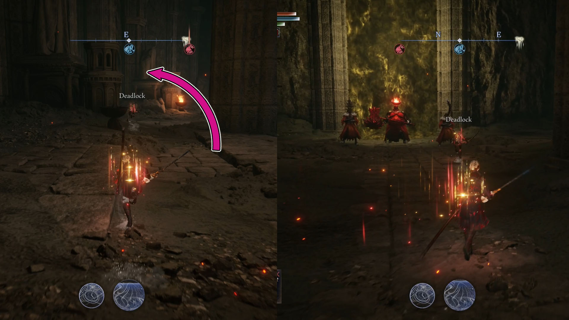 A montage using two Elden Ring Nightreign screenshots. On the left side, you see a corridor and a pink arrow indicating you should turn left. On the right side of the image, you see three enemies in front of a blocked door. A montage using two Elden Ring Nightreign screenshots. On the left side, you see a corridor and a pink arrow indicating you should turn left. On the right side of the image, you see three enemies in front of a blocked door.