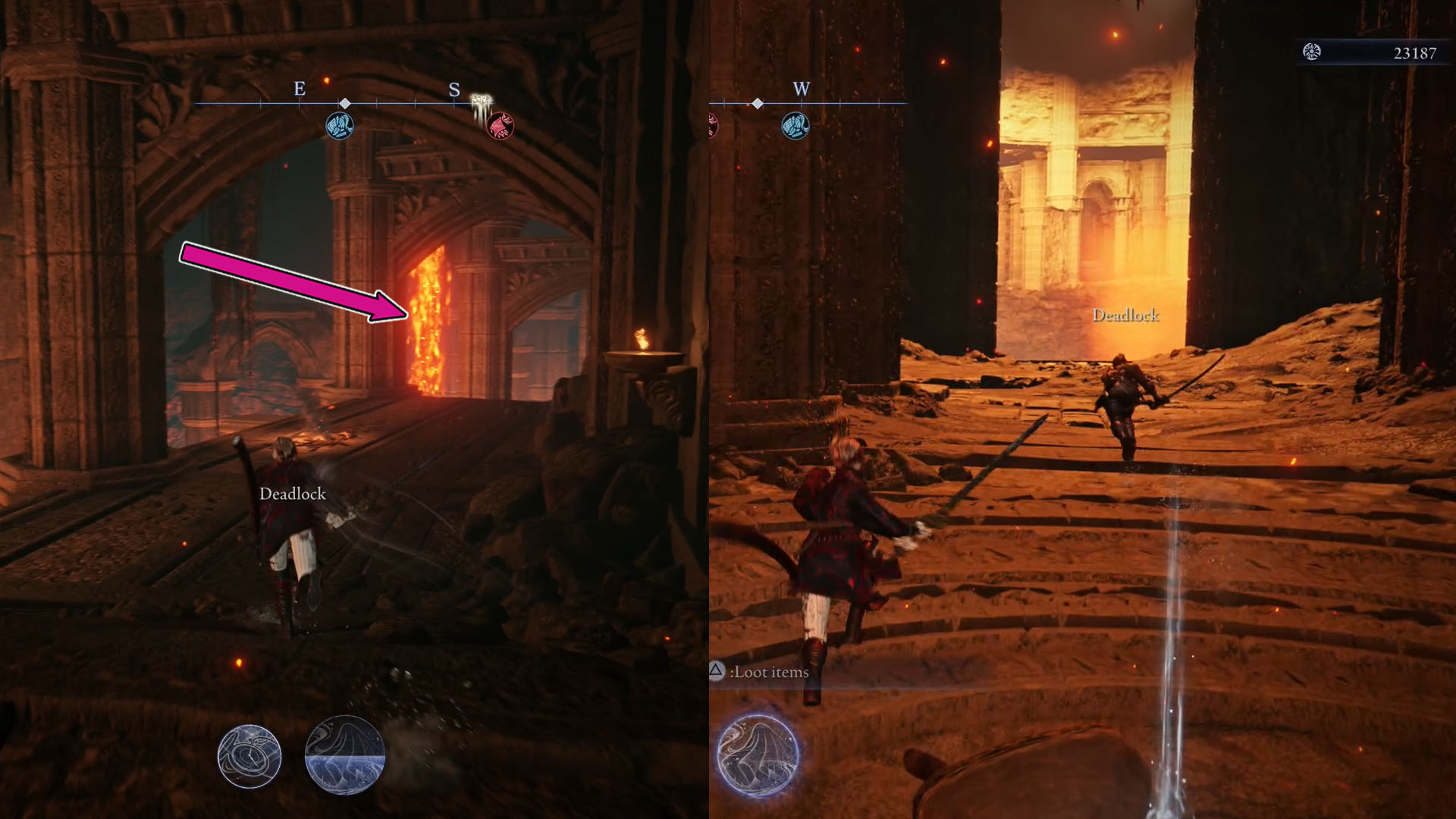 A montage using two Elden Ring Nightreign screenshots. The first, on the left, show the path players should follow downward and the second, on the right side, shows a corridor. A montage using two Elden Ring Nightreign screenshots. The first, on the left, show the path players should follow downward and the second, on the right side, shows a corridor.