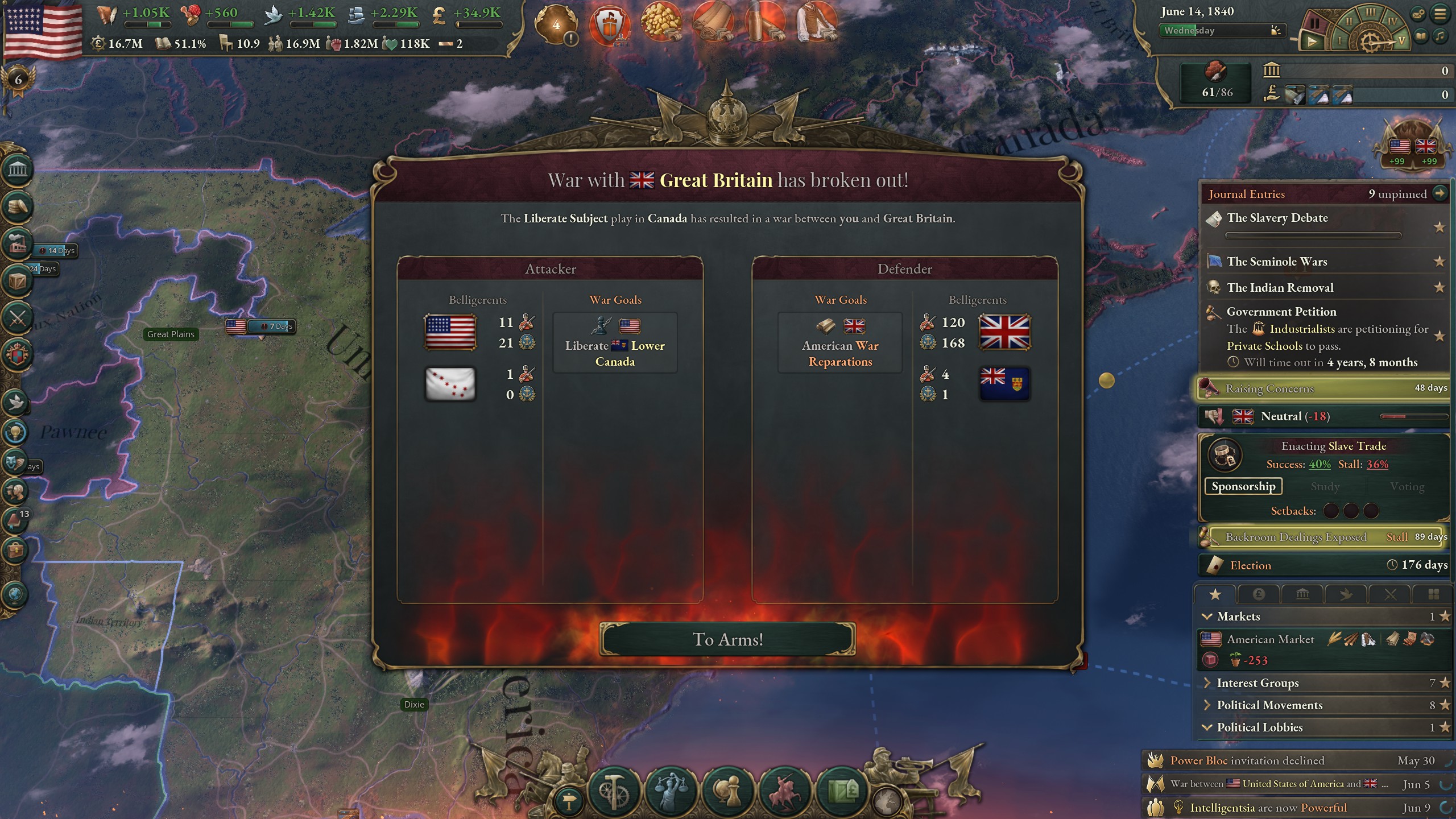 A Victoria 3 screen declaring that war with Britain has erupted.