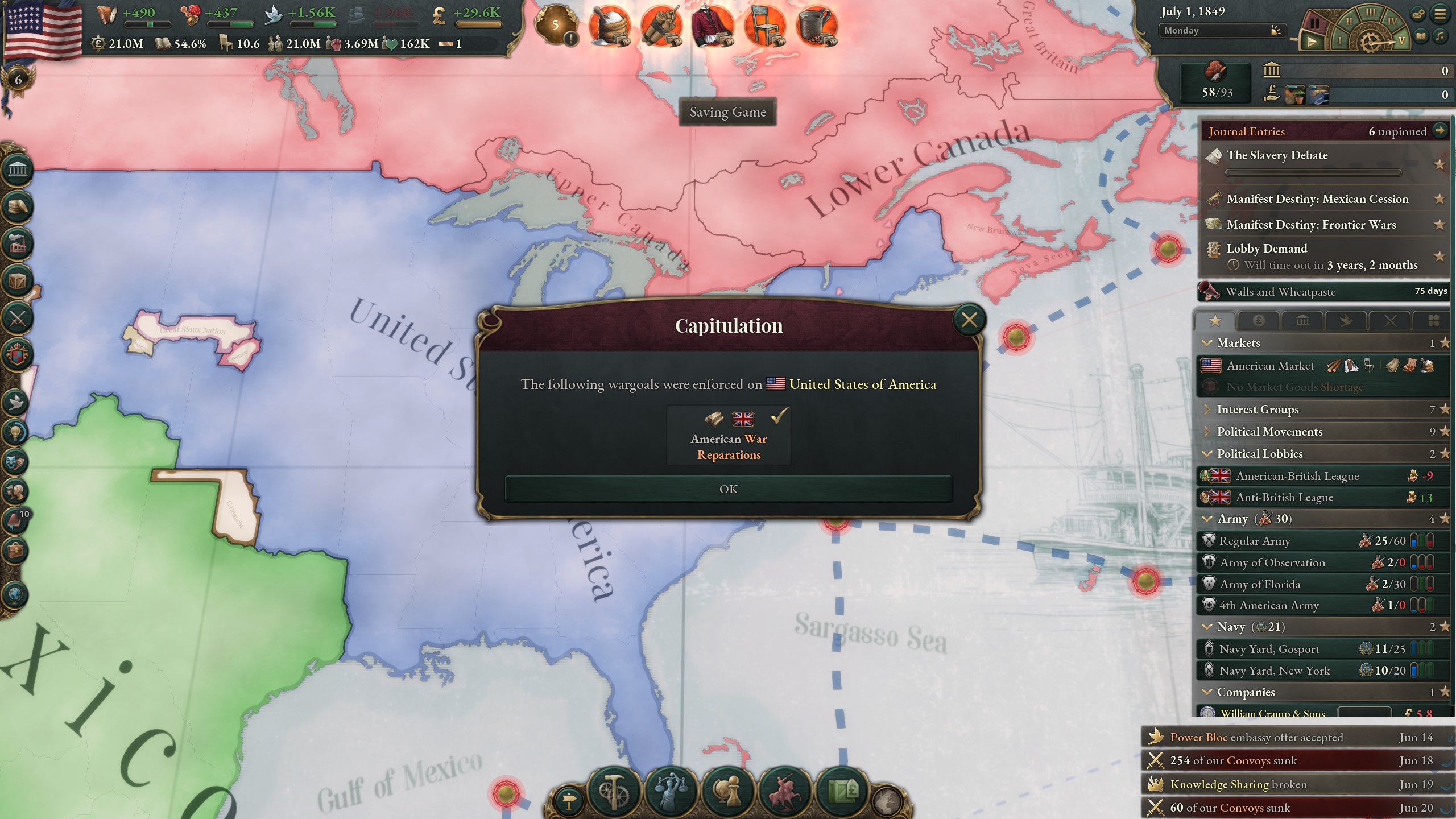 A screen showing US capitulation in the US-British war.