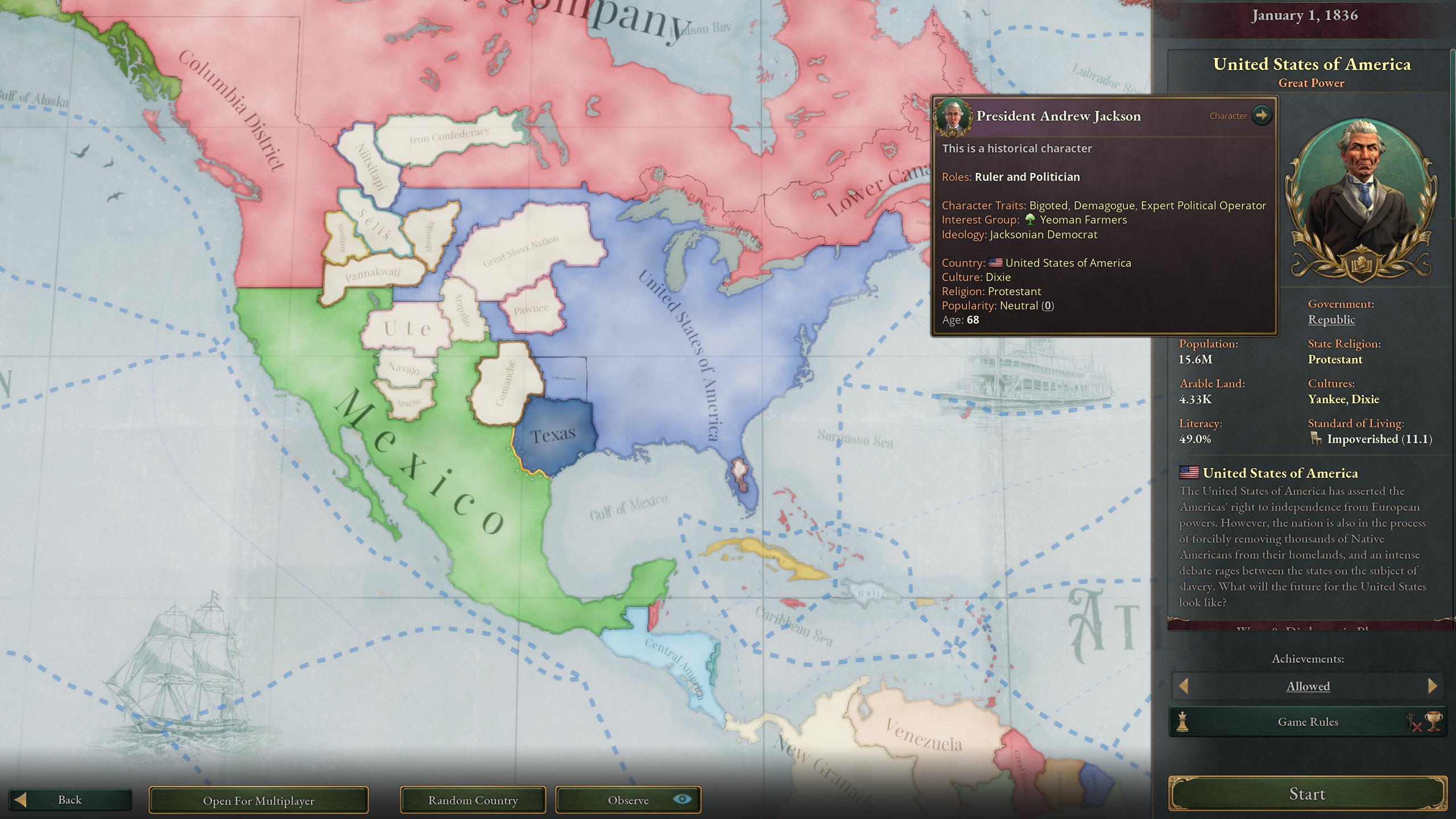 Selecting the United States on a new game of Victoria 3.