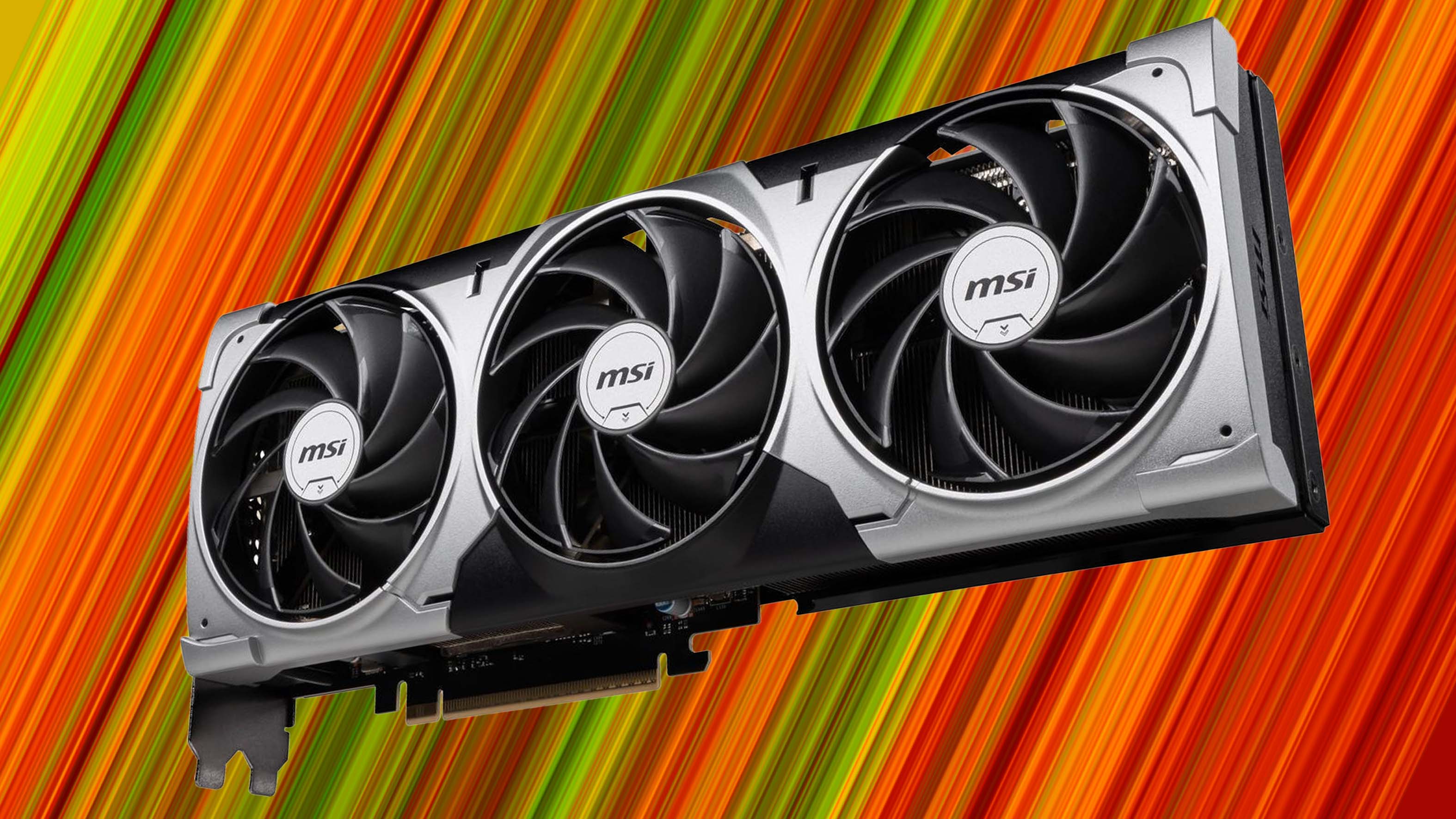 MSI RTX 5070 Ti Ventus 3X graphics card on a red and green striped background