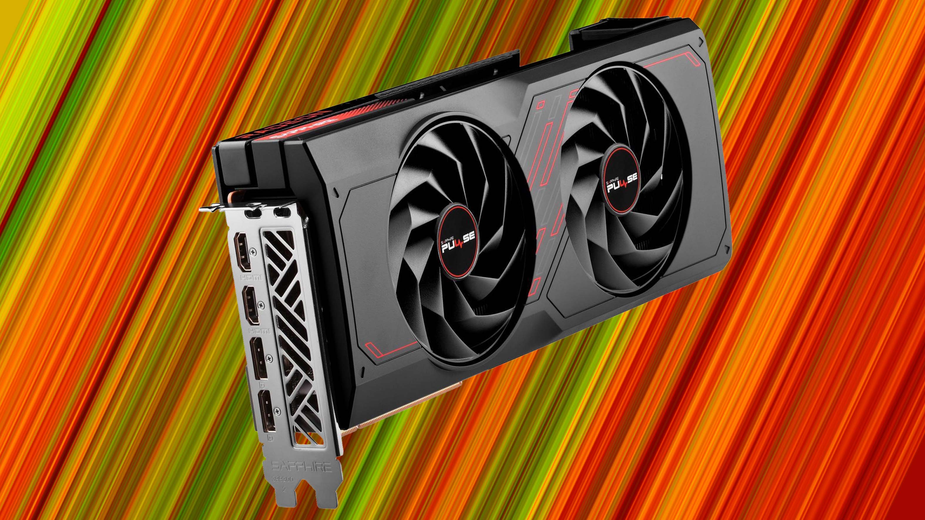 Sapphire RX 7800 XT graphics card on a red and green striped background