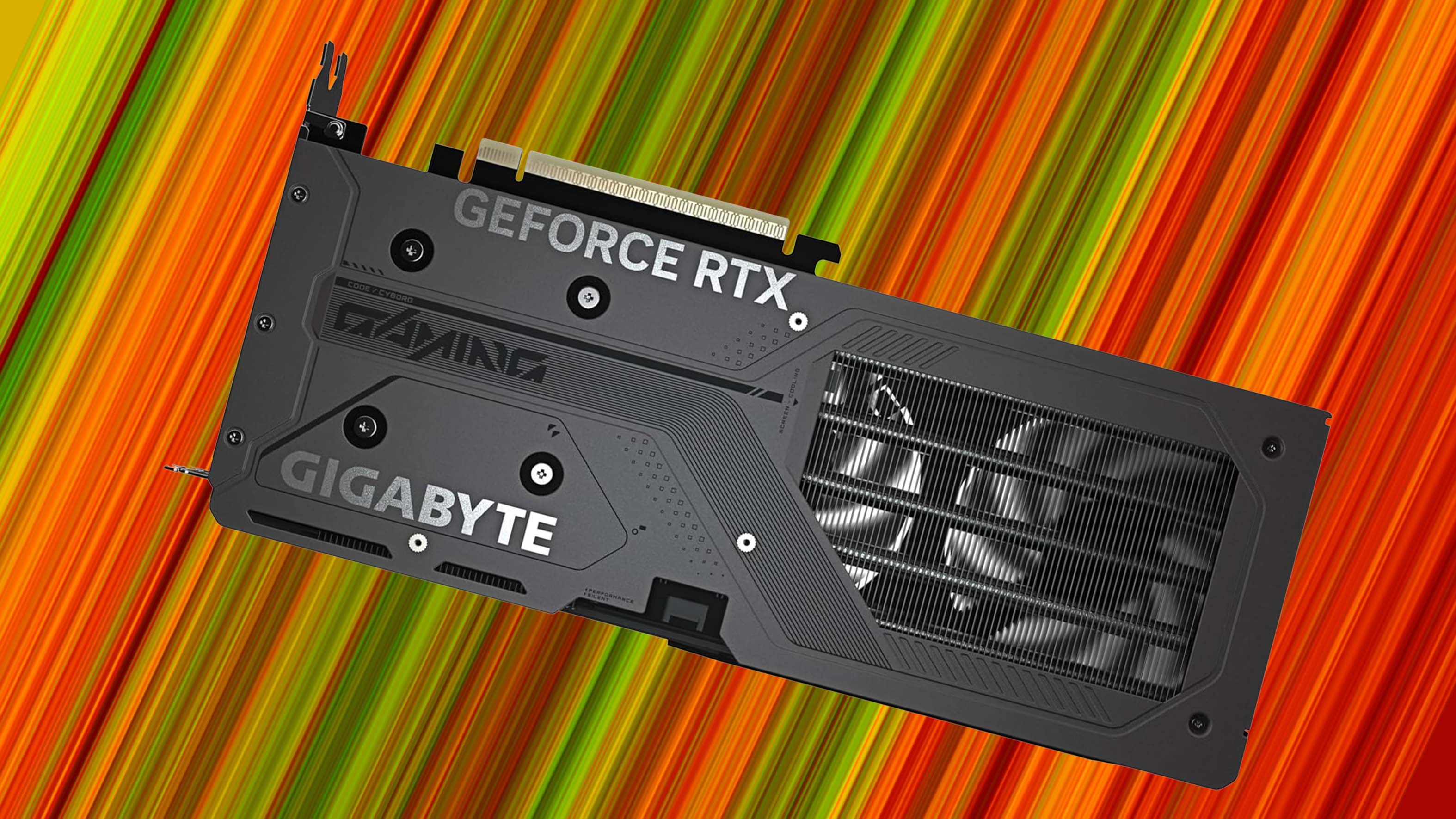 Gigabyte RTX 5060 Ti graphics card on a red and green striped background