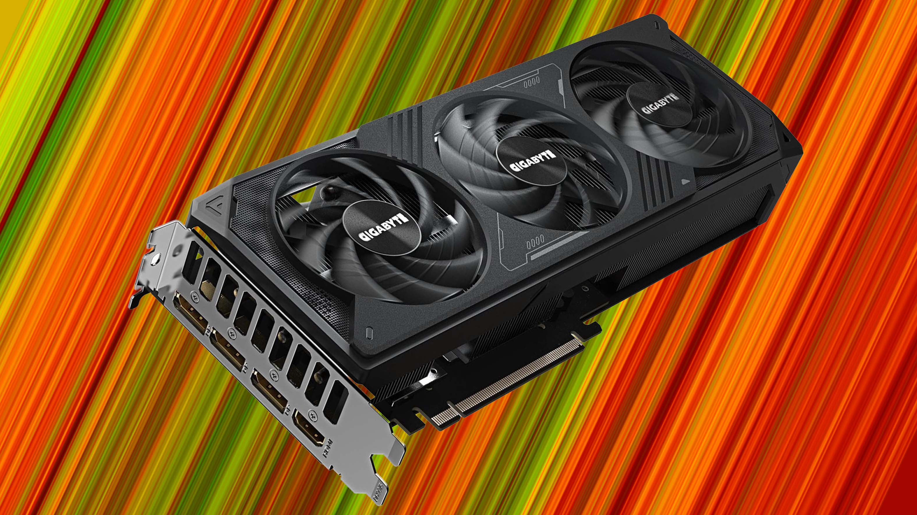 Gigabyte RTX 5070 graphics card on a red and green striped background