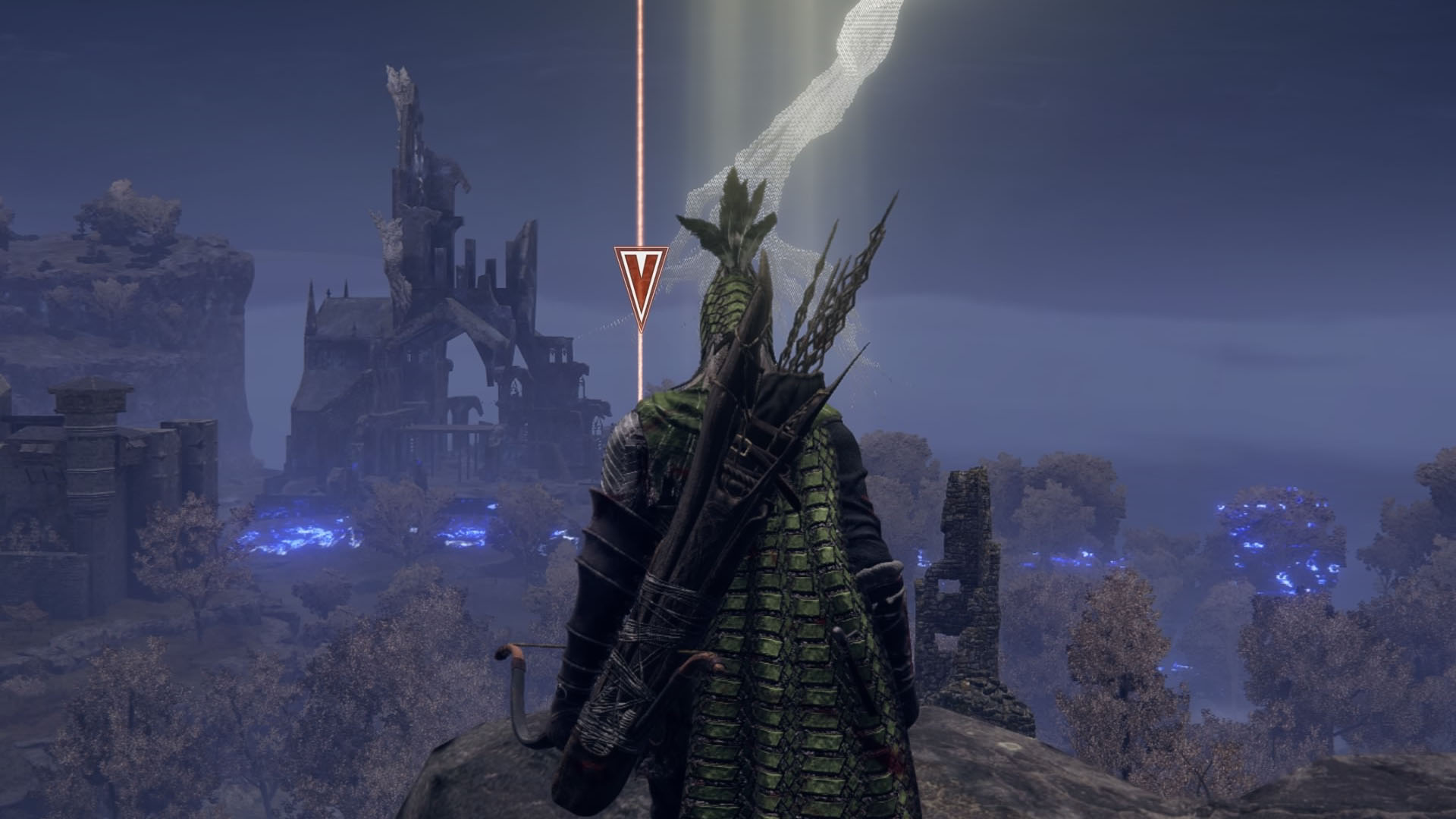 An Elden Ring Nightreign screenshot showing the back of the Ironeye nightfarer, the bow user in the roster facing the landscape which is marked by a line with an arrow pointing a specific location. An Elden Ring Nightreign screenshot showing the back of the Ironeye nightfarer, the bow user in the roster facing the landscape which is marked by a line with an arrow pointing a specific location.