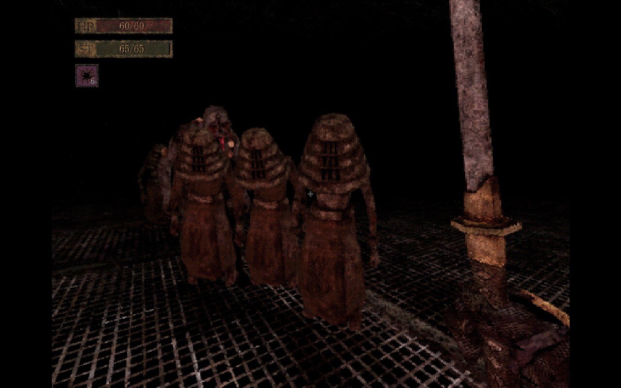 A screenshot from Labyrinth of the Demon King showing a pack of enemies pursuing the player-character, who is wielding a katana