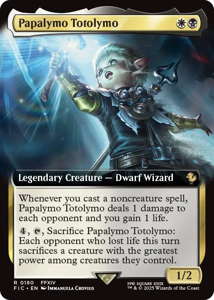 Magic: The Gathering card depicting Papalymo from FF14. The card’s description explains that “each opponent who lost life this turn sacrifices a creature with the greatest power among creatures they control”