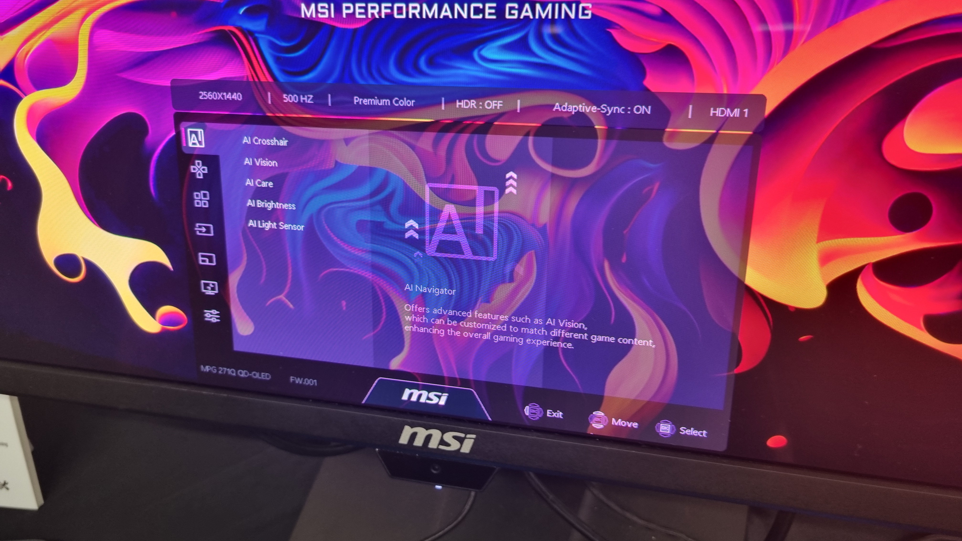 The AI Care menu of the MSI MPG 271QR QD-OLED X50