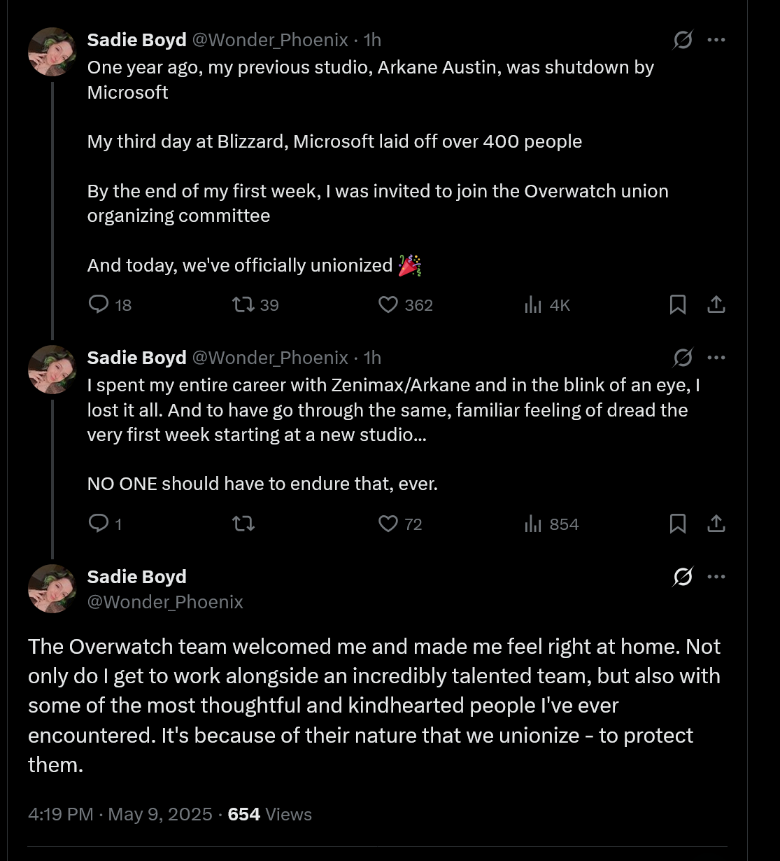 One year ago, my previous studio, Arkane Austin, was shutdown by MicrosoftMy third day at Blizzard, Microsoft laid off over 400 peopleBy the end of my first week, I was invited to join the Overwatch union organizing committeeAnd today, we've officially unionized 🎉