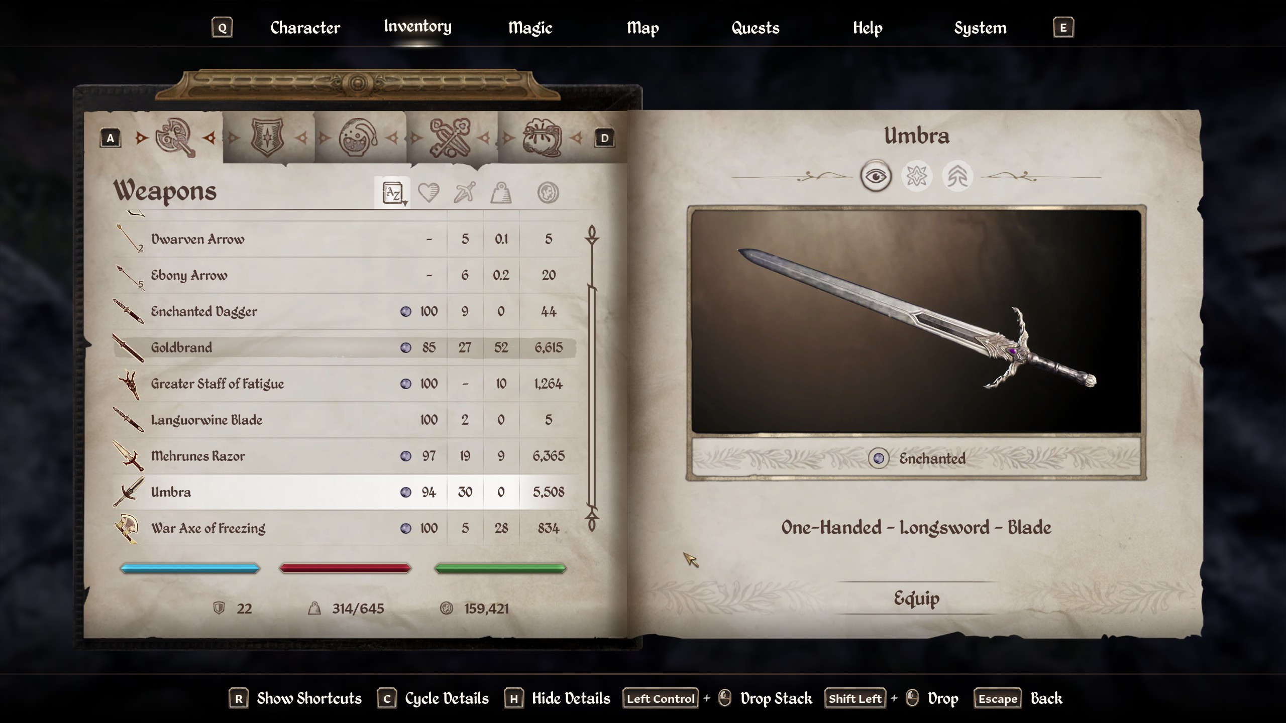 Inventory screen showing Umbra sword Oblivion Remastered