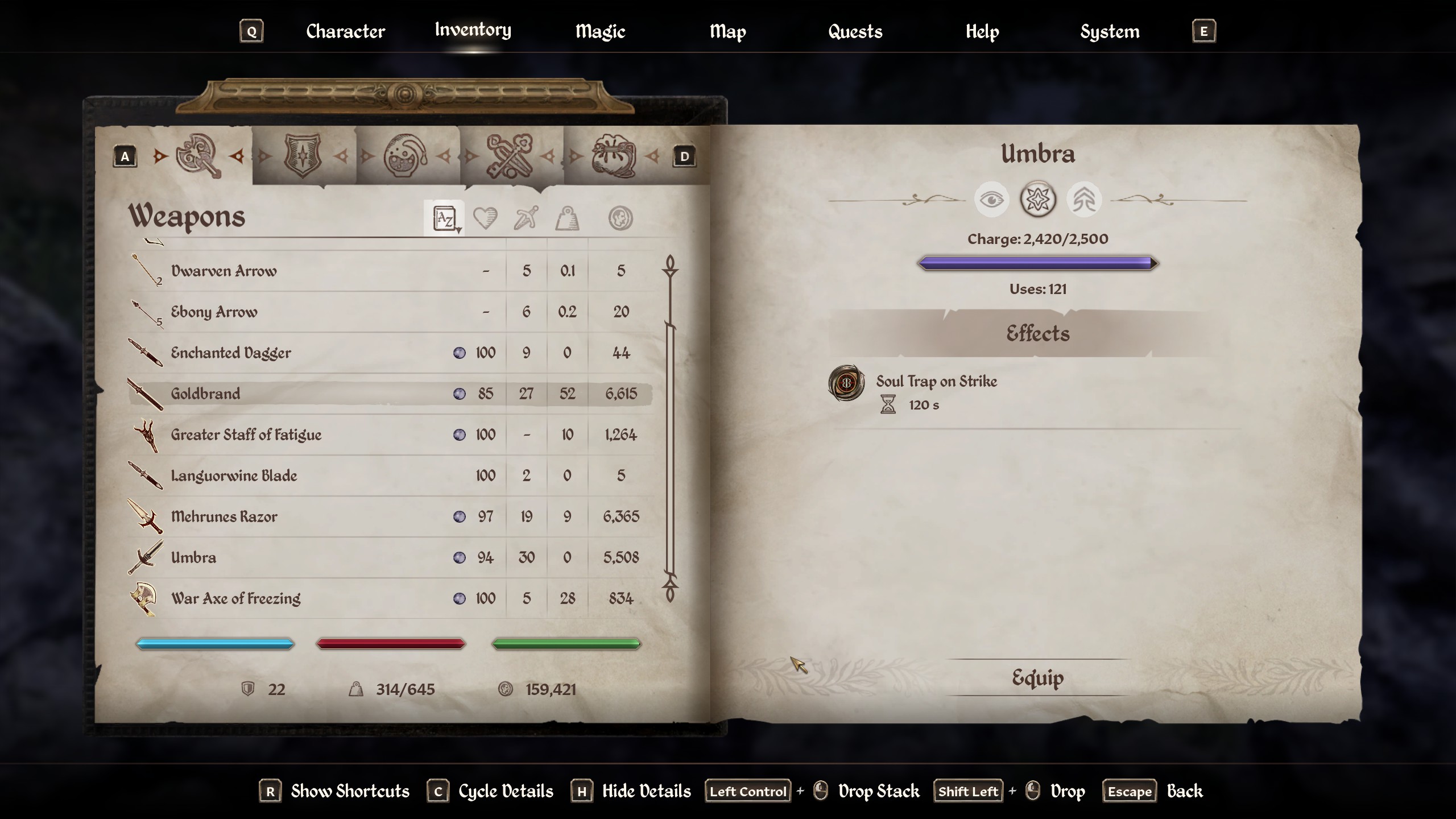 Inventory screen showing Umbra sword Oblivion Remastered