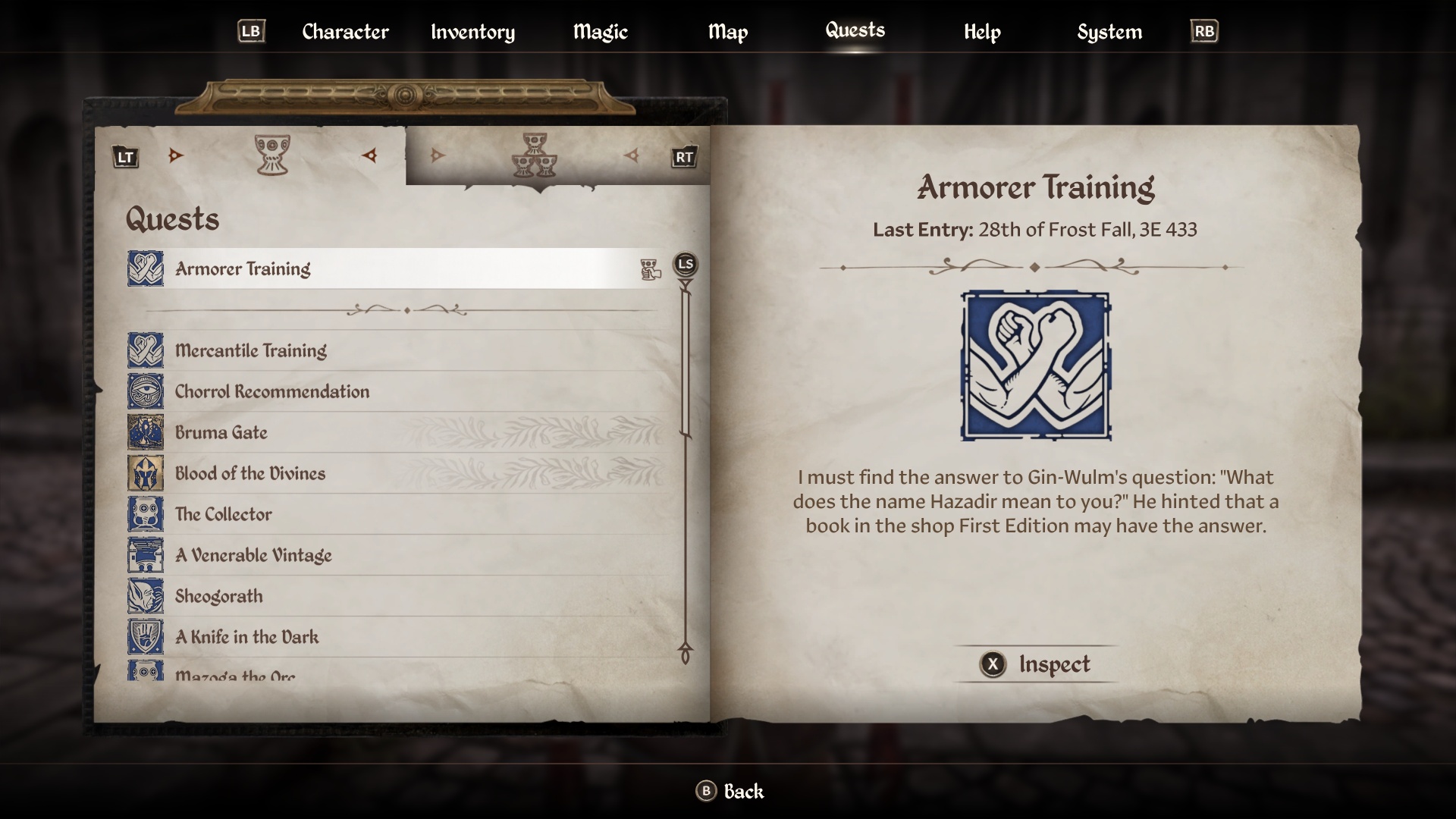 The Armorer Training menu in Oblivion Remastered, showing a quest log.