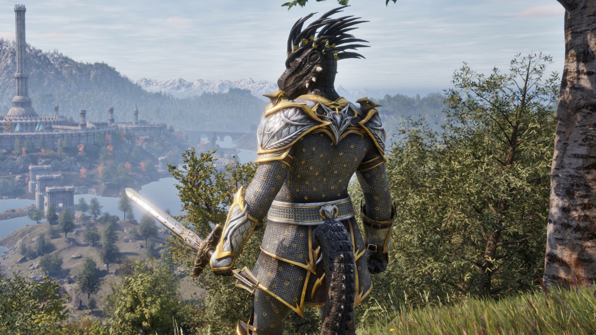 A Hero in Oblivion Remastered looking out over the world, they're holding a sword and focused on Combat Skills