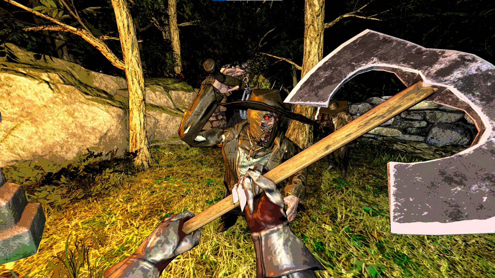 Mortal Sin screenshot showing axe-wielding player confronting a hat-wearing monster