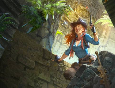 A red-haired woman styled similarly to Lara Croft holds a gun in in front of an ancient ruin in an image from the Outgunned Adventure TTRPG