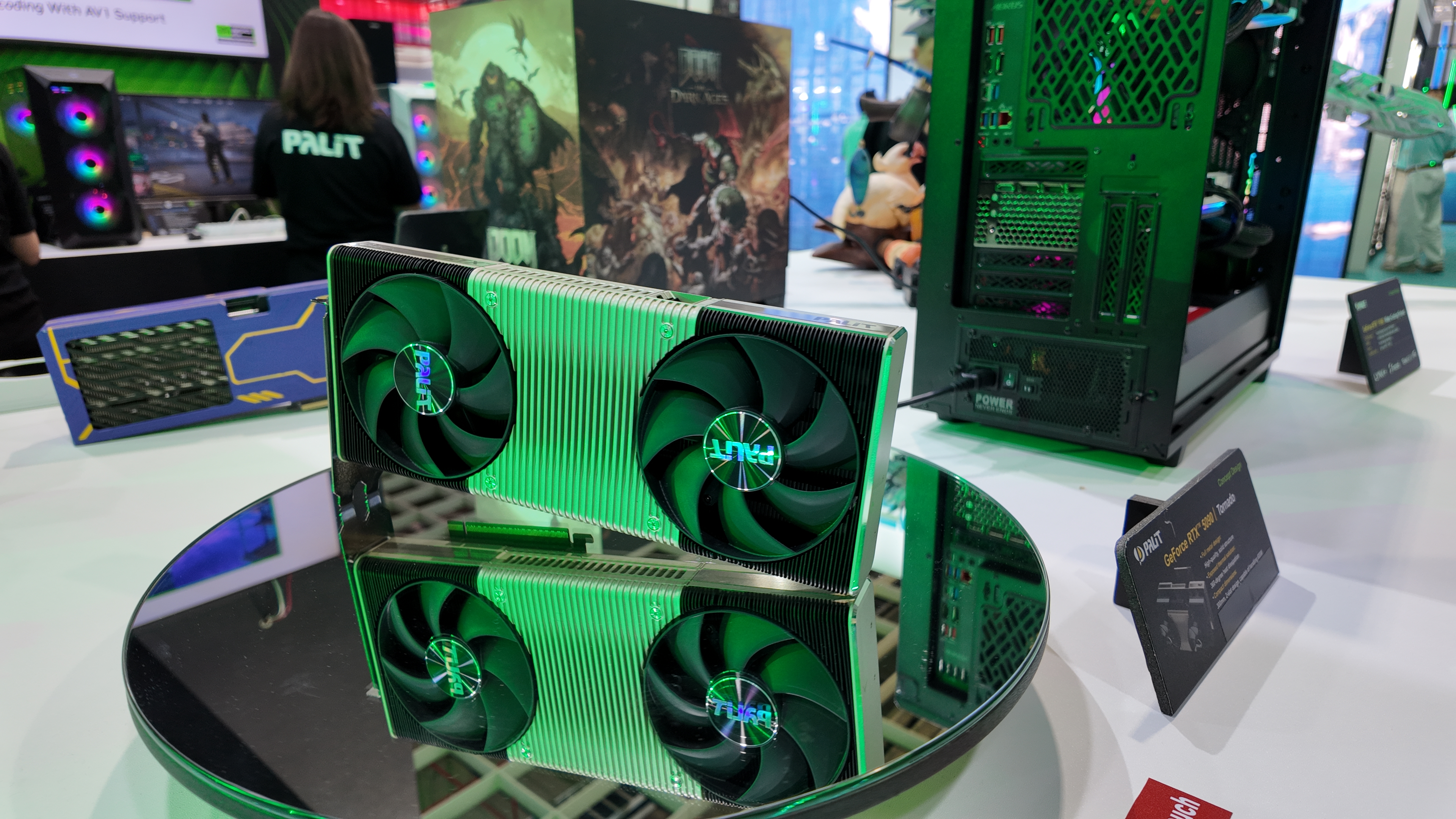 Palit RTX 5090 Tornado graphics card that's signed by Jensen Huang on the Computex 2025 show floor