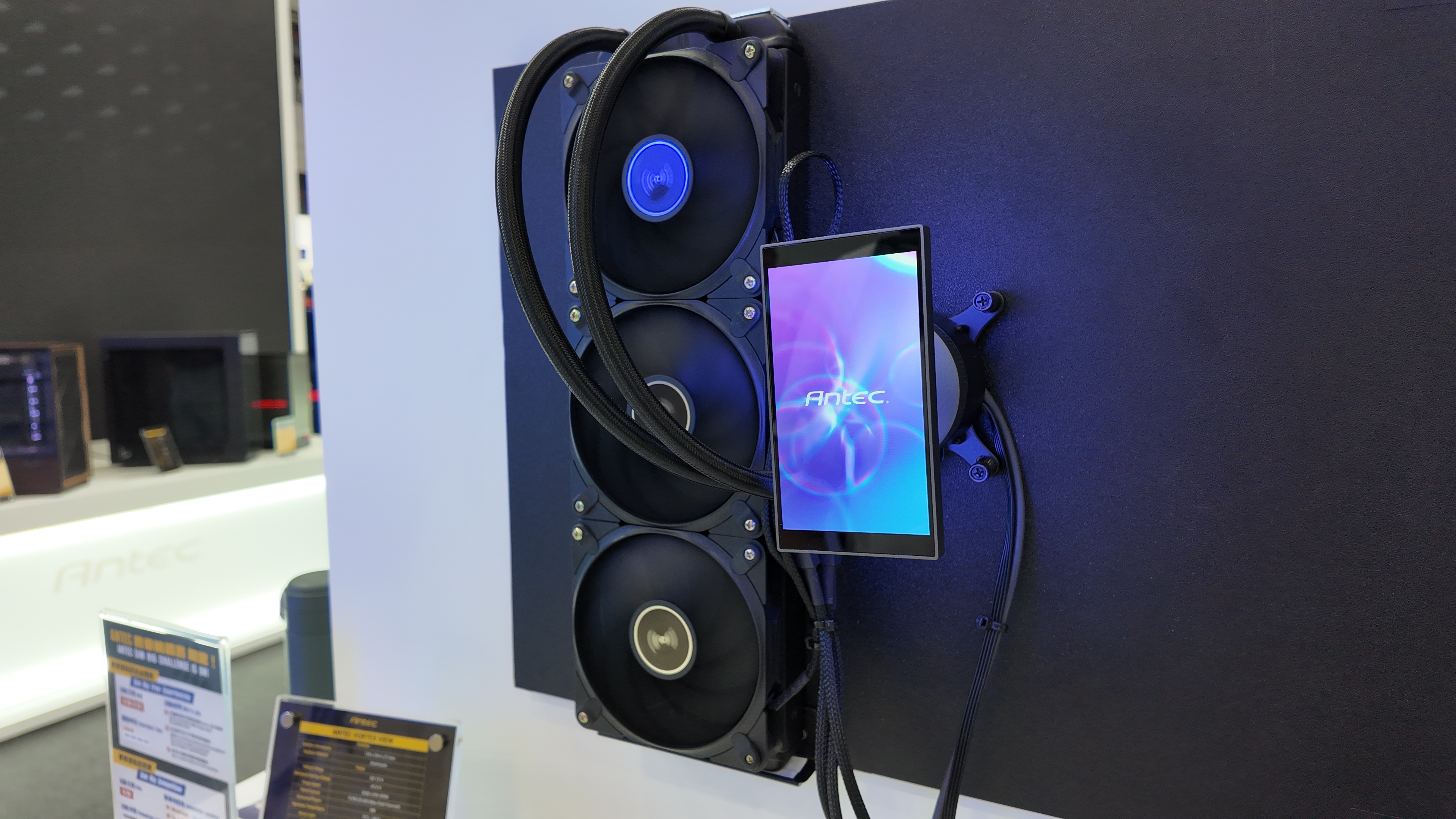 The Antec Vortex View prototype liquid cooler on display at Antec's booth at Computex 2025.