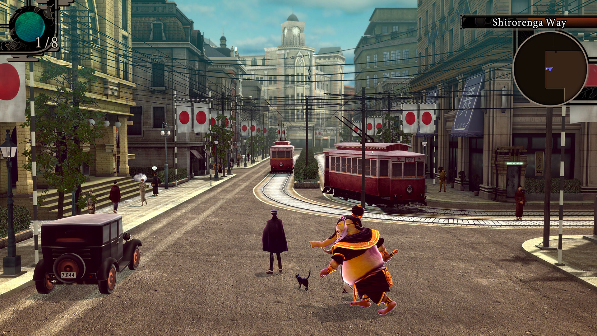A screenshot from Raidou Remastered showing the protagonist in a early 20th century Tokyo street