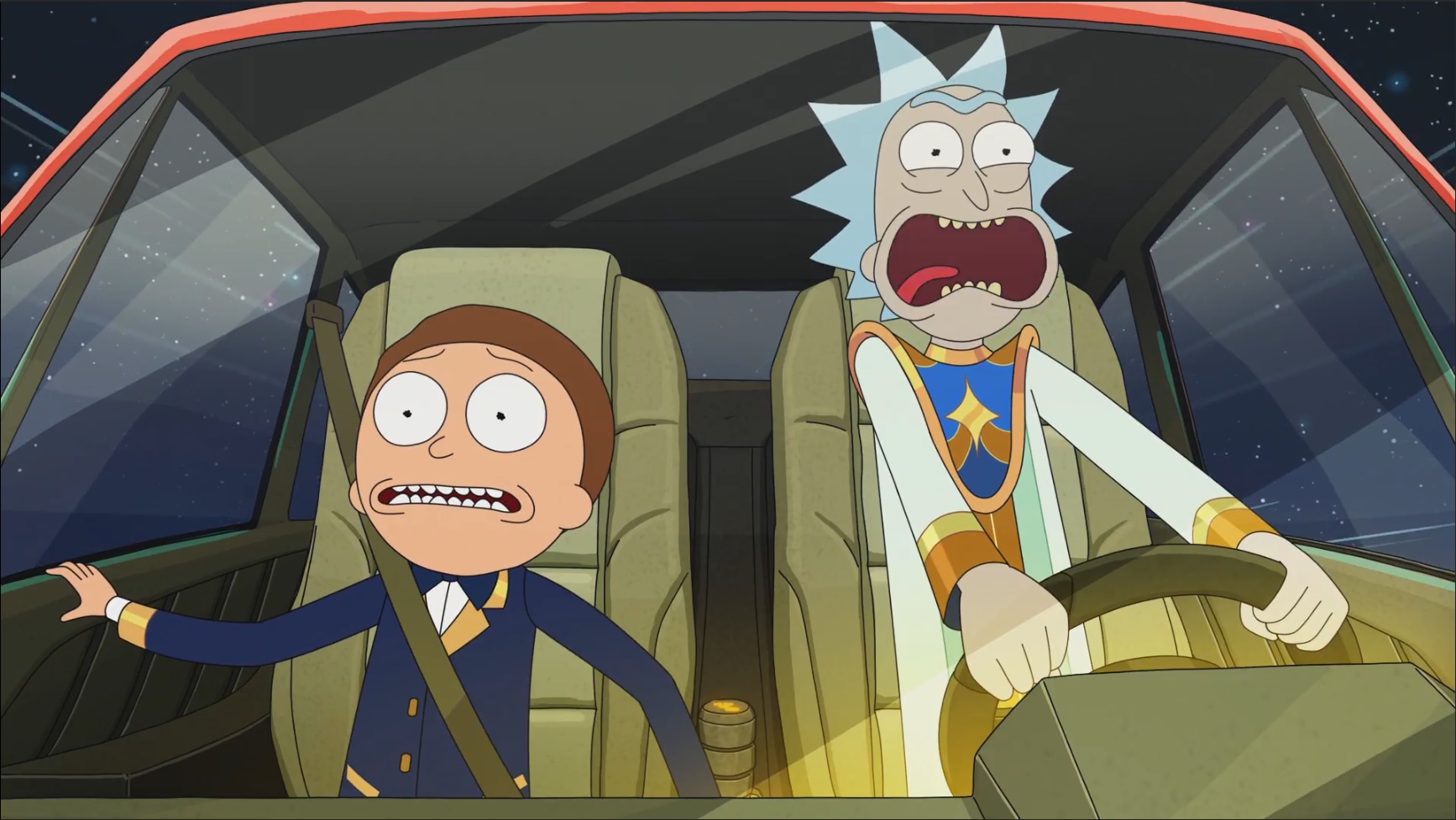 Morty and Rick scream in a flying car in season 8 Morty and Rick scream in a flying car in season 8