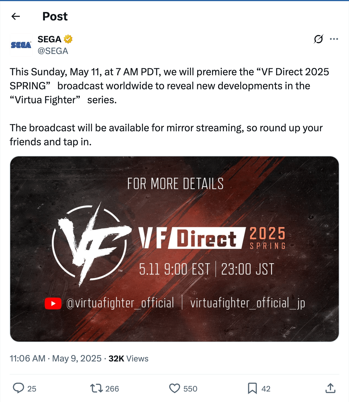 A picture of Sega’s deleted post captured by Polygon. A picture of Sega’s deleted post captured by Polygon.