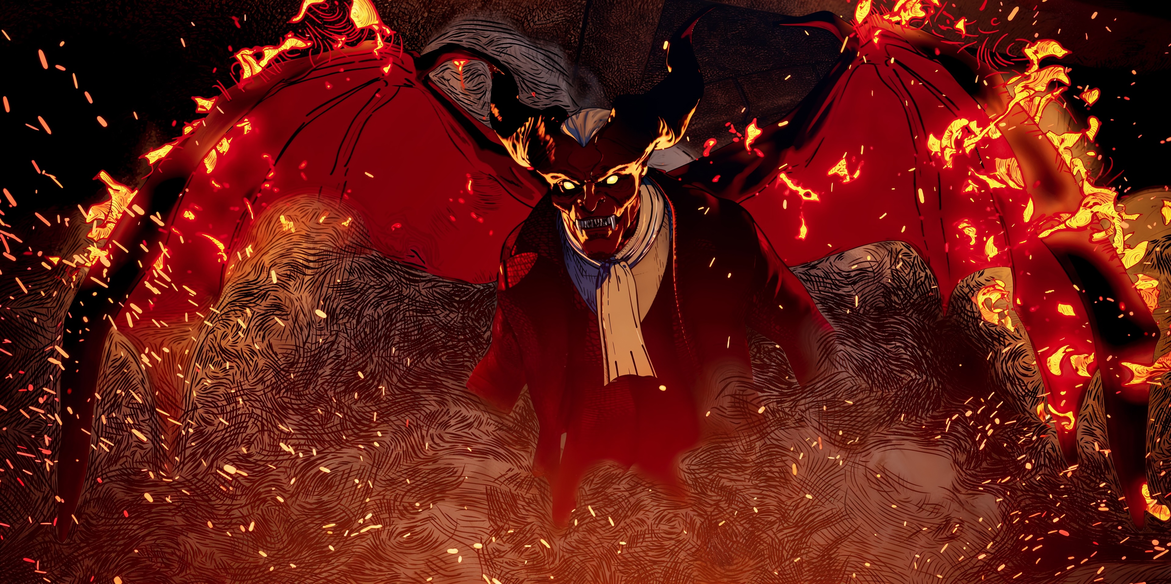 Satan wearing a suit with flaming wings surrounded by smoke in Love, Death + Robots Volume 4.