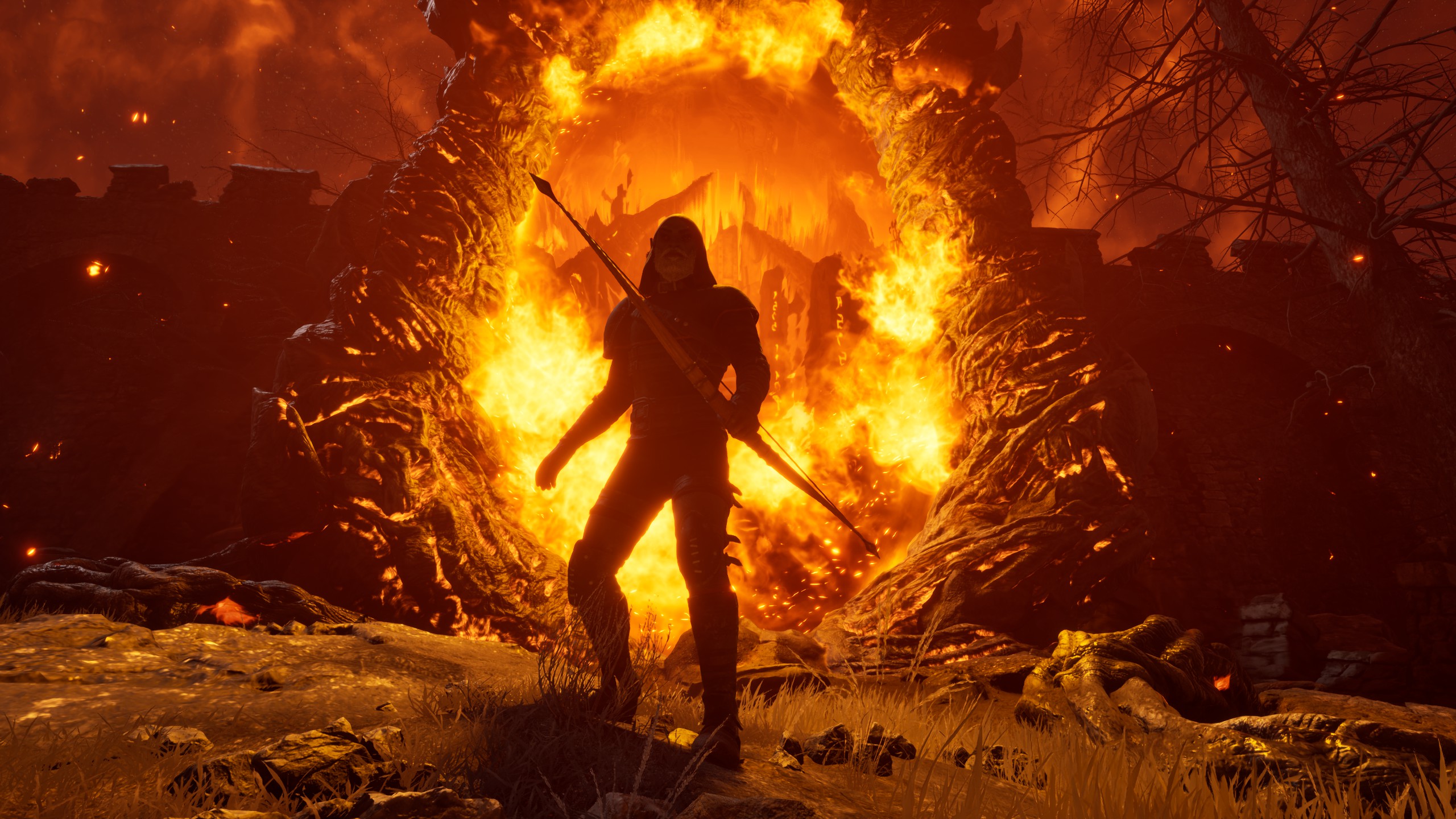 A warrior in front of an Oblivion gate