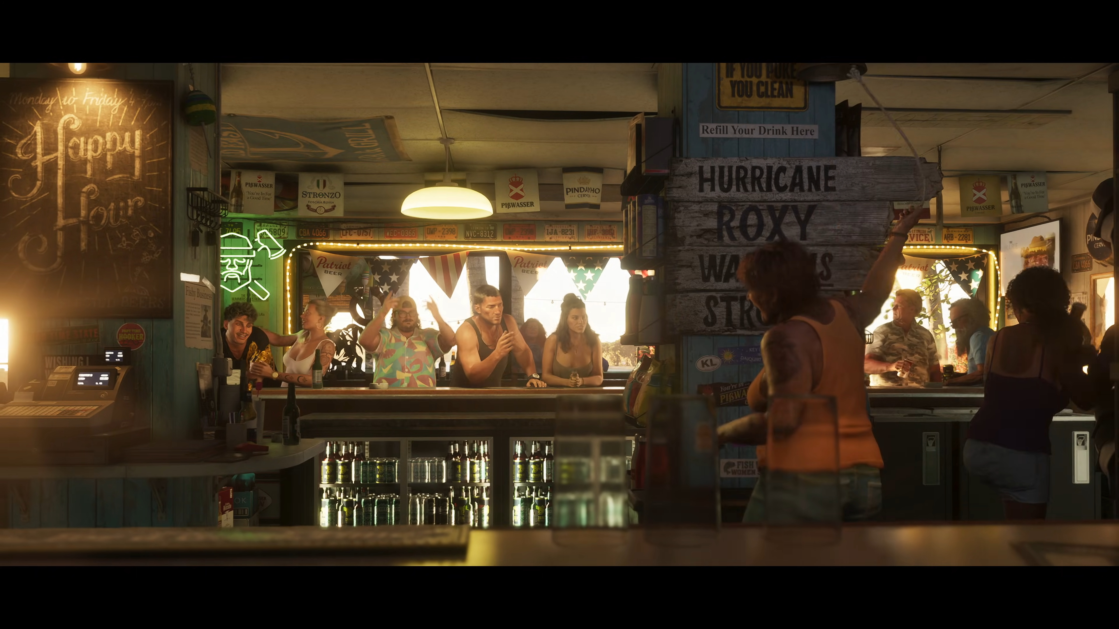 A marina bar in GTA 6, absolutely littered with fictional signage, logos, and packaging.