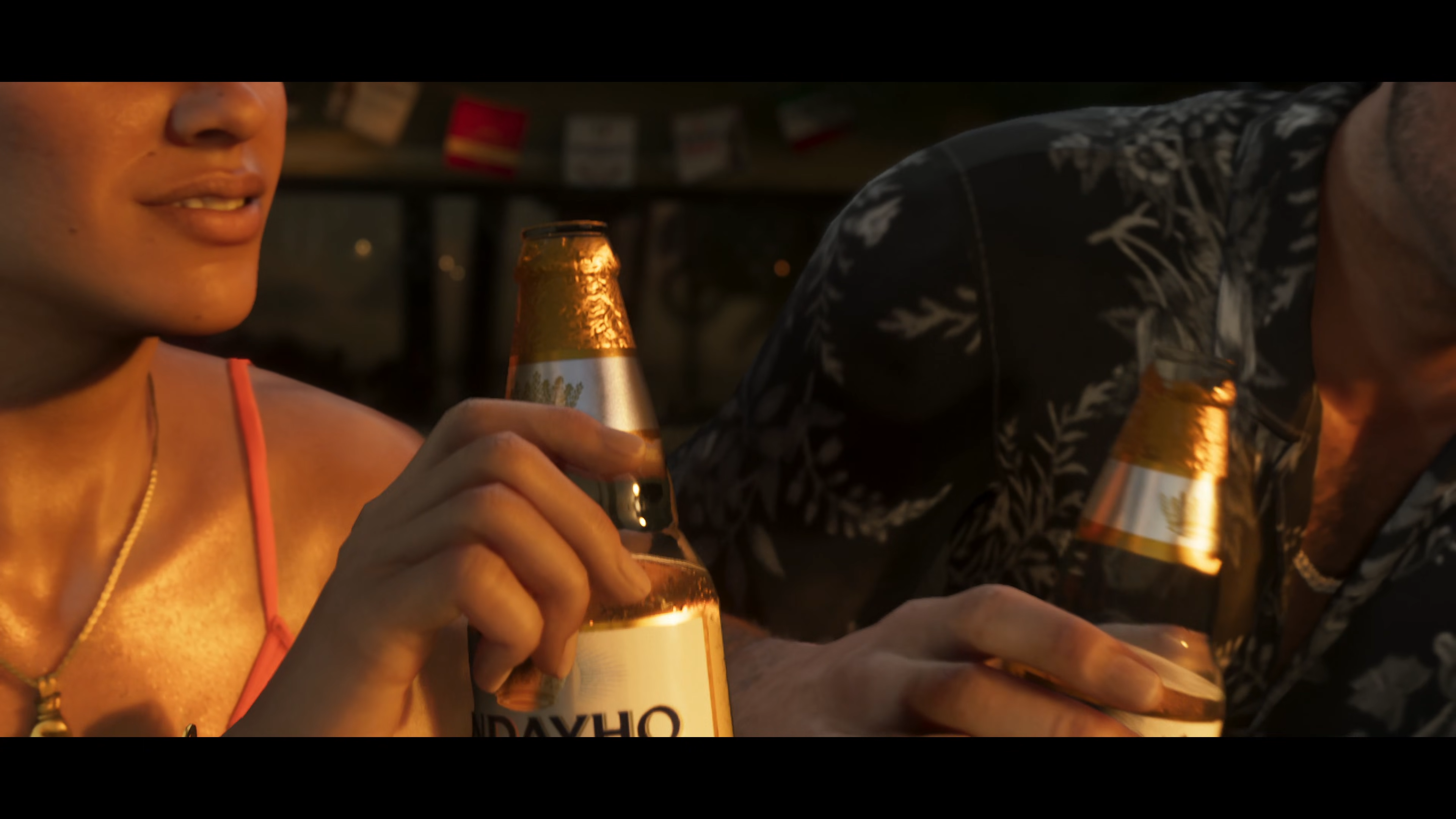 A screenshot from the second GTA 6 trailer showing two beer bottles up close