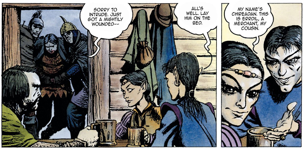 An injured man is brought into a room with two elves who have terrifying eyelashes.