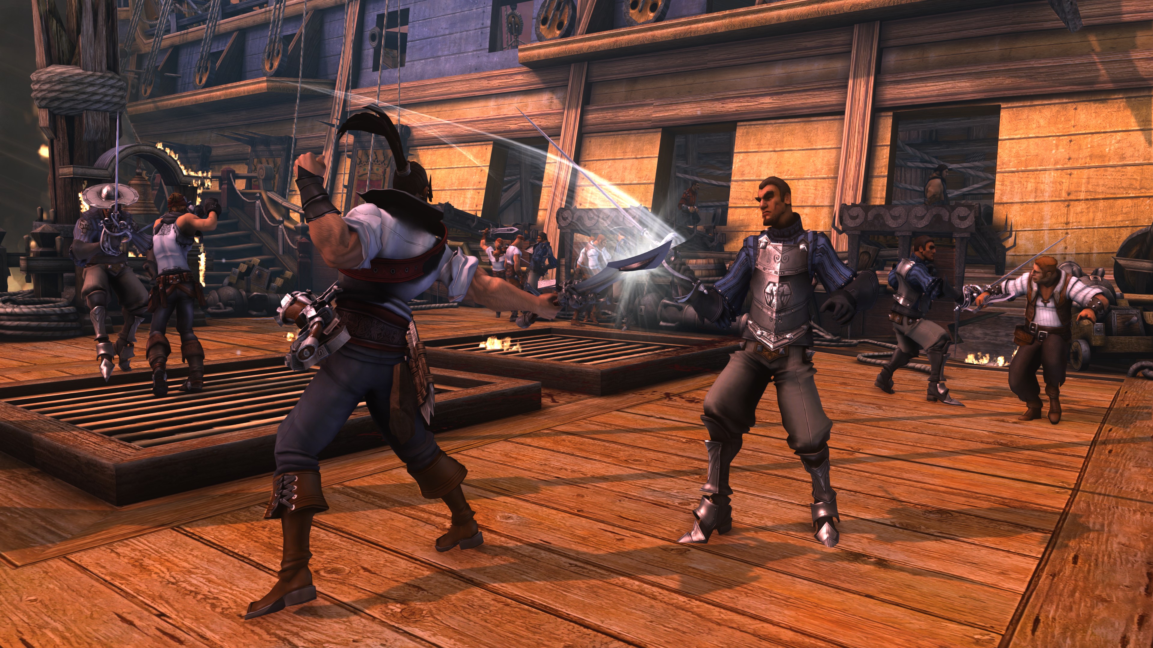 A screenshot from Captain Blood, featuring a character parrying a sword attack against an opponent while surrounded by a group of characters fighting on the deck of a ship. A screenshot from Captain Blood, featuring a character parrying a sword attack against an opponent while surrounded by a group of characters fighting on the deck of a ship.