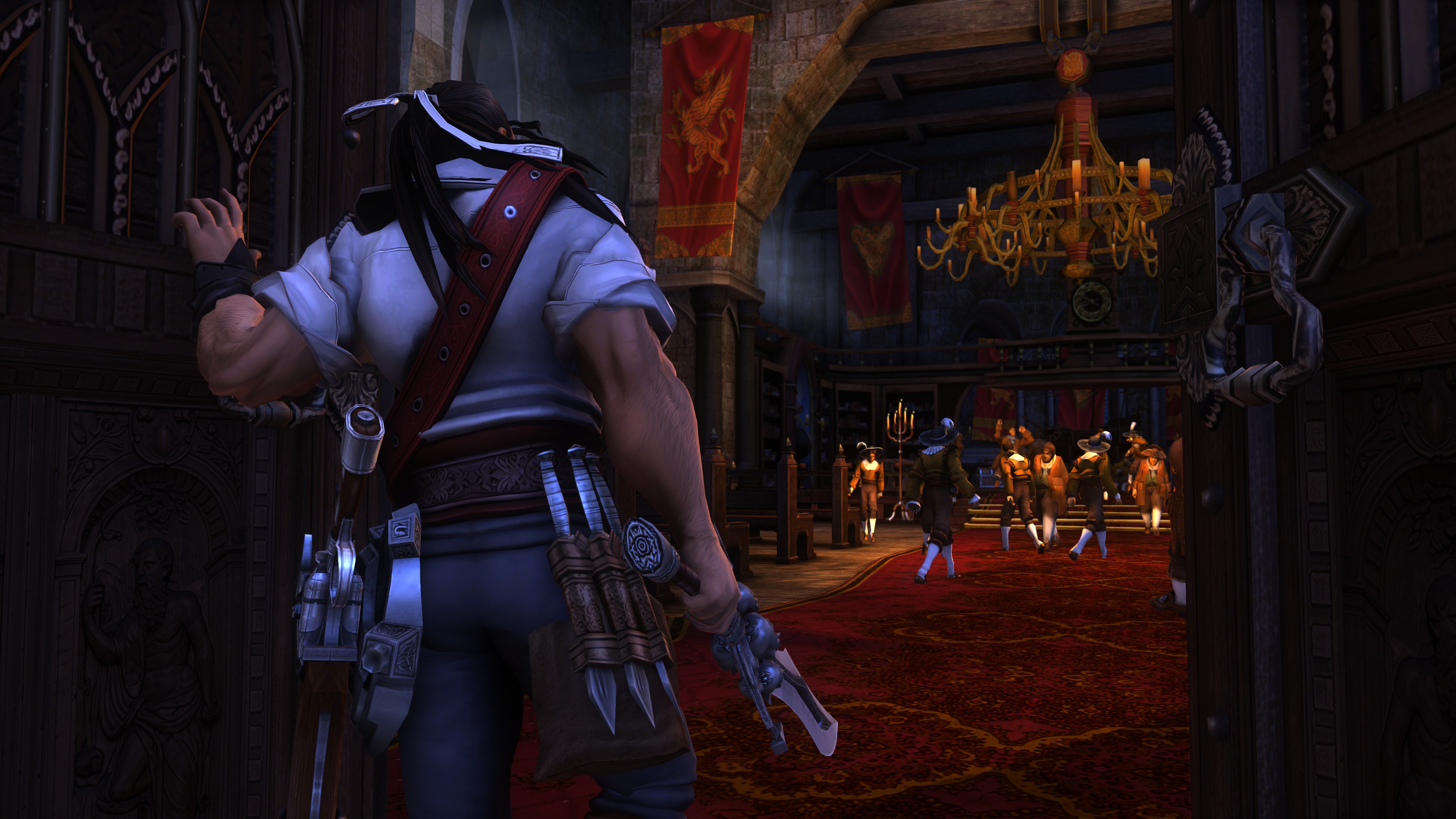 A screenshot from Captain Blood, featuring a character opening a large set of wooden doors and peering at a group of people amassed in an opulent hall. A screenshot from Captain Blood, featuring a character opening a large set of wooden doors and peering at a group of people amassed in an opulent hall.