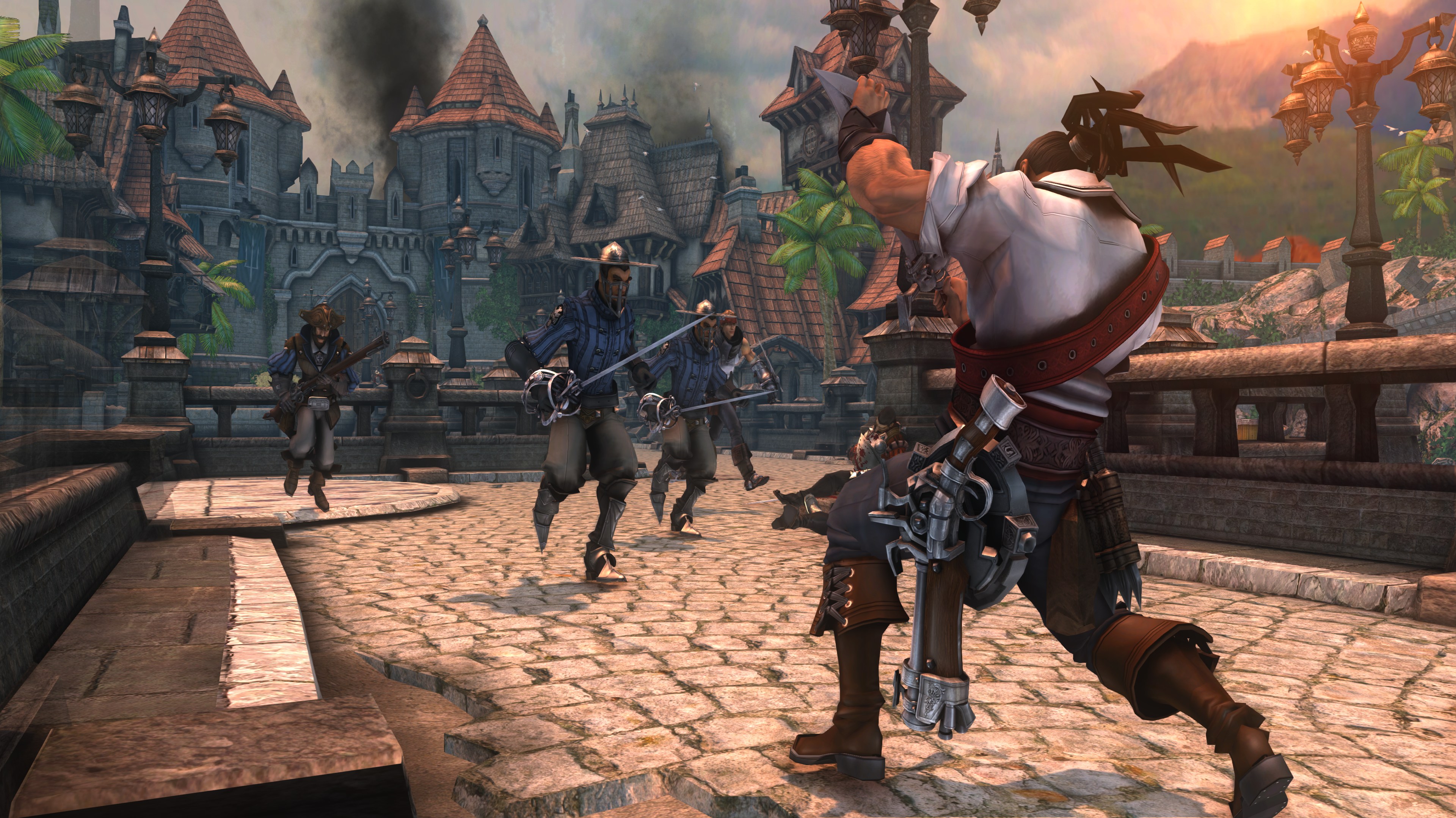 A screenshot from Captain Blood, featuring a character facing off against a large group of enemies wielding rapiers. A screenshot from Captain Blood, featuring a character facing off against a large group of enemies wielding rapiers.