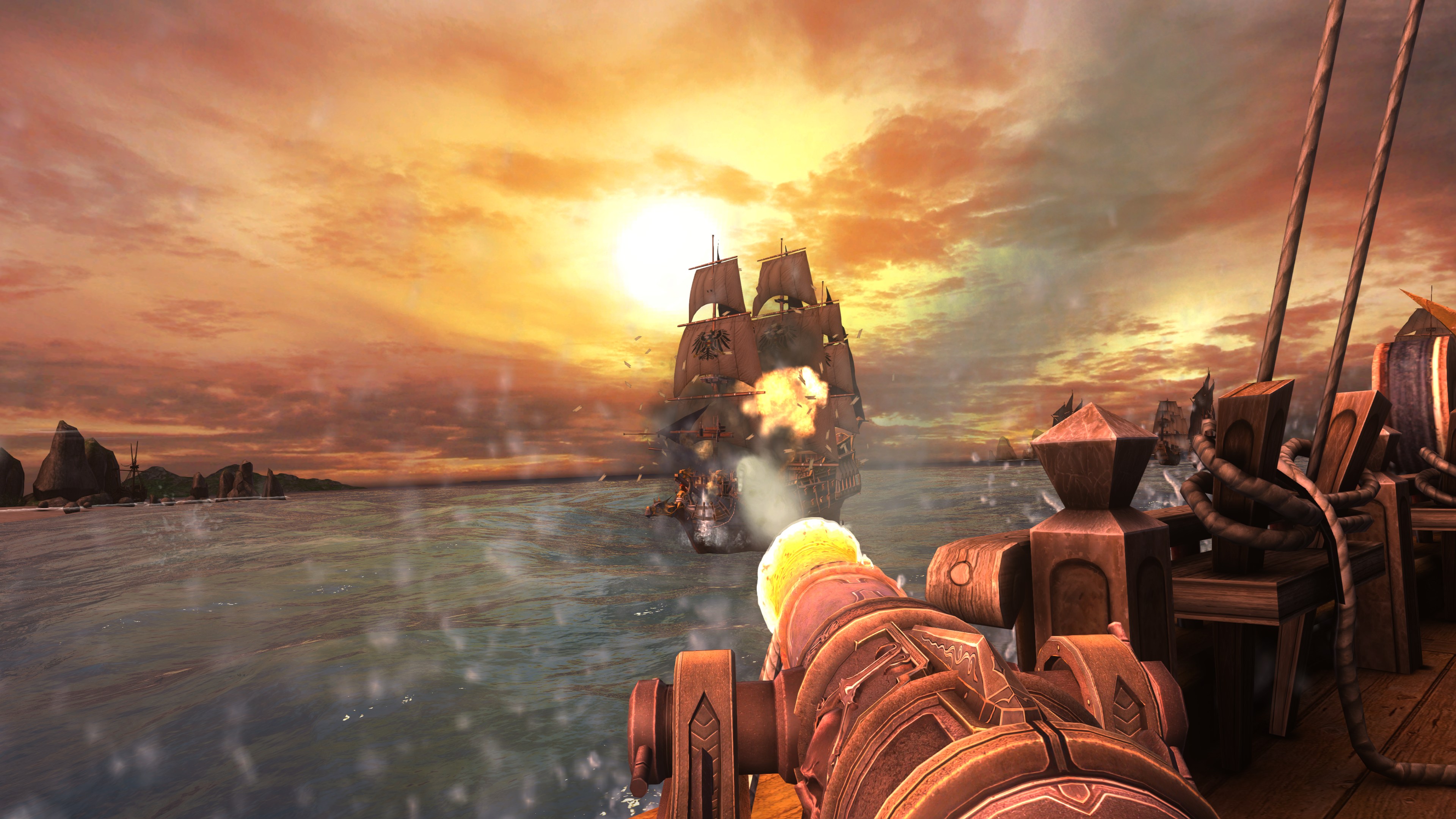 A screenshot from Captain Blood, featuring a cannon firing a volley at the broadside of a nearby enemy vessel at sea. A screenshot from Captain Blood, featuring a cannon firing a volley at the broadside of a nearby enemy vessel at sea.