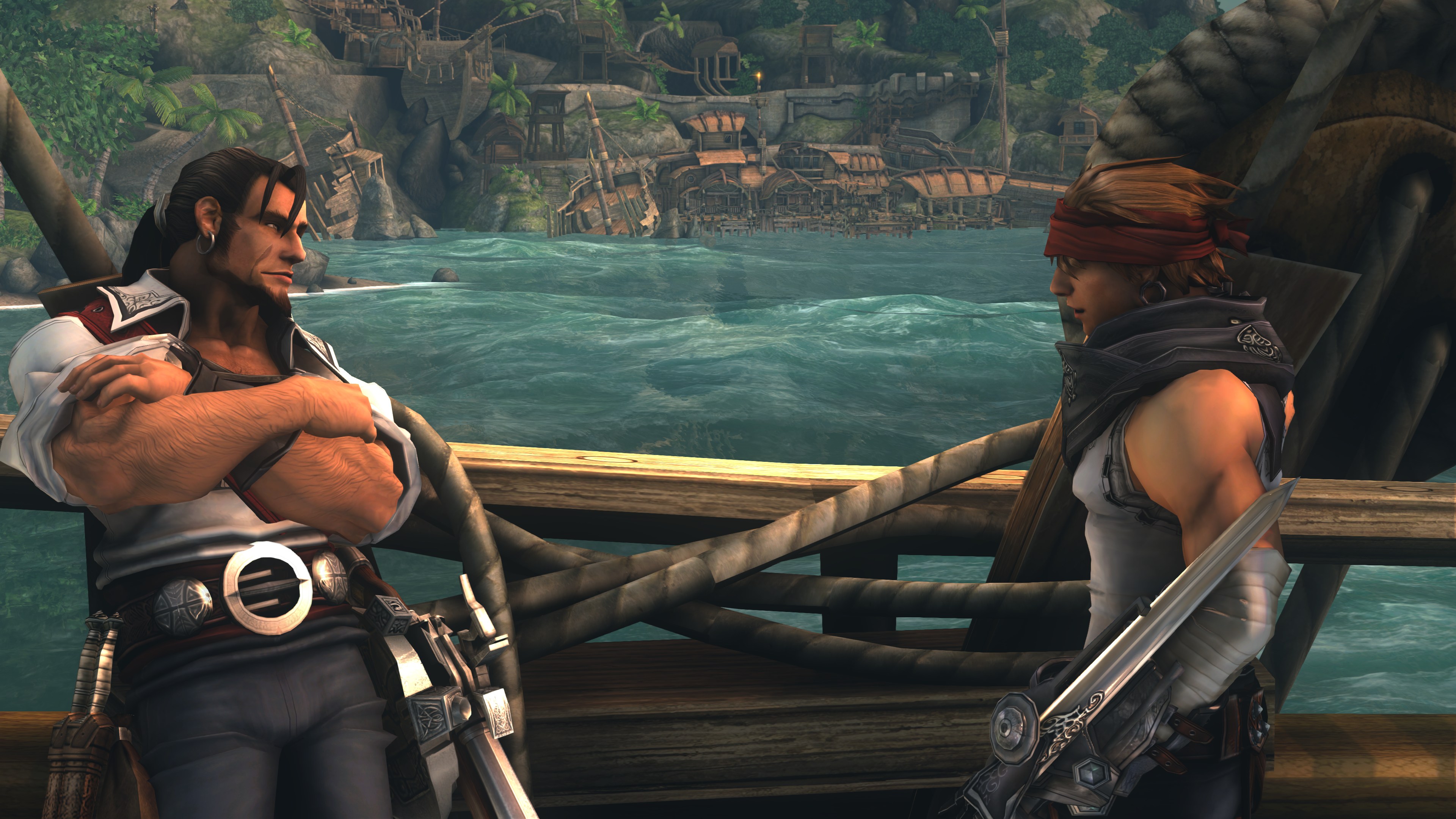 A screenshot from Captain Blood, featuring a character leaning against the side of a ship while talking to another character. A screenshot from Captain Blood, featuring a character leaning against the side of a ship while talking to another character.