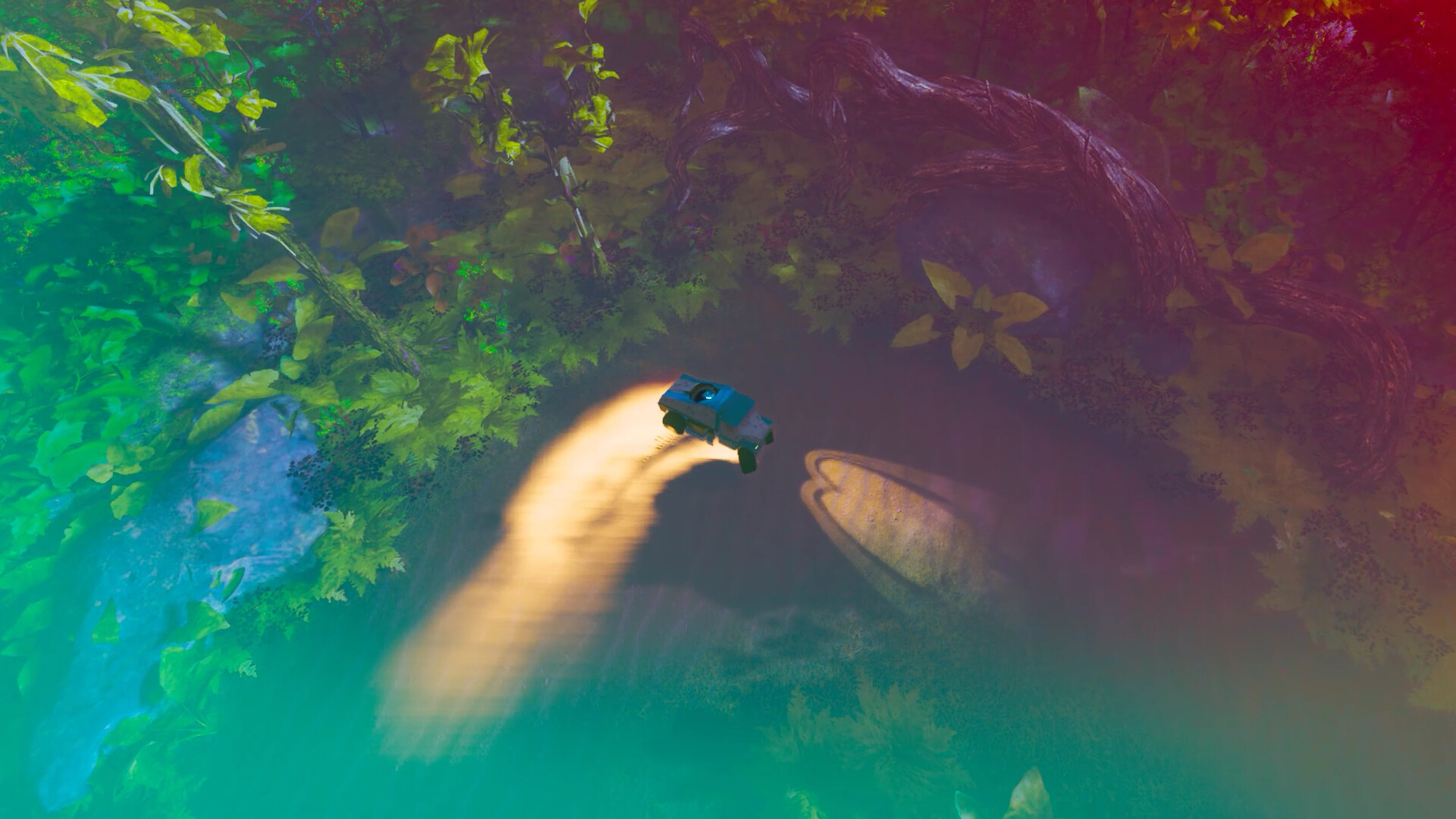 A red-and-blue tinged alien desert landscape with a vehicle racing through, in an isometric view, from game ADRIFT
