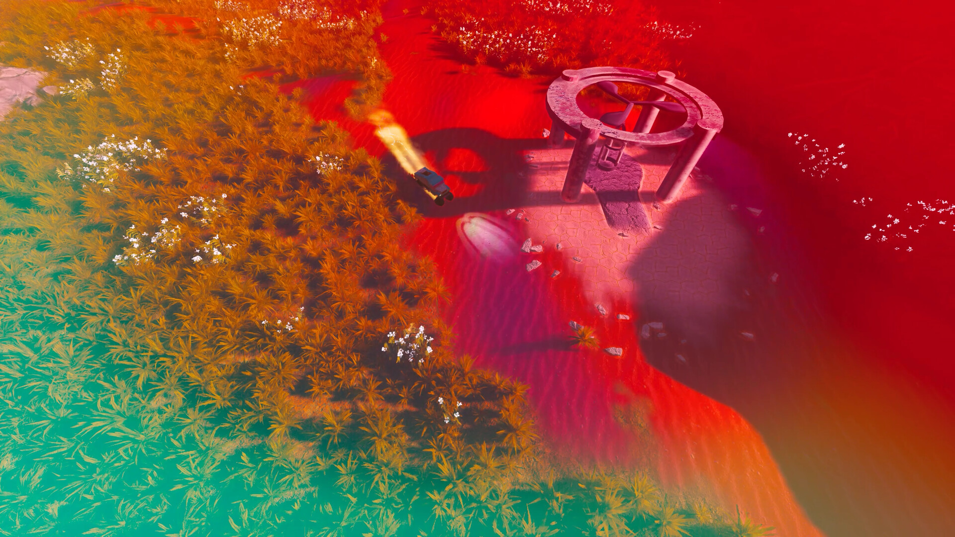 A red-and-blue tinged alien desert landscape with a vehicle racing through, in an isometric view, from game ADRIFT