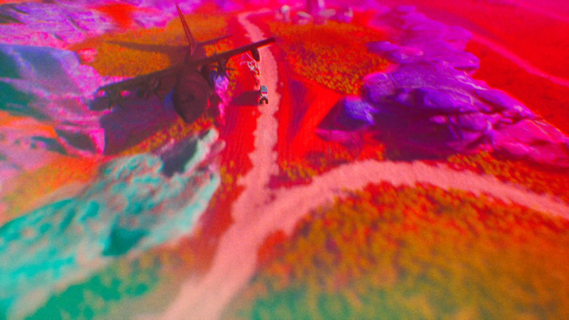 A red-and-blue tinged alien desert landscape with a vehicle racing through, in an isometric view, from game ADRIFT