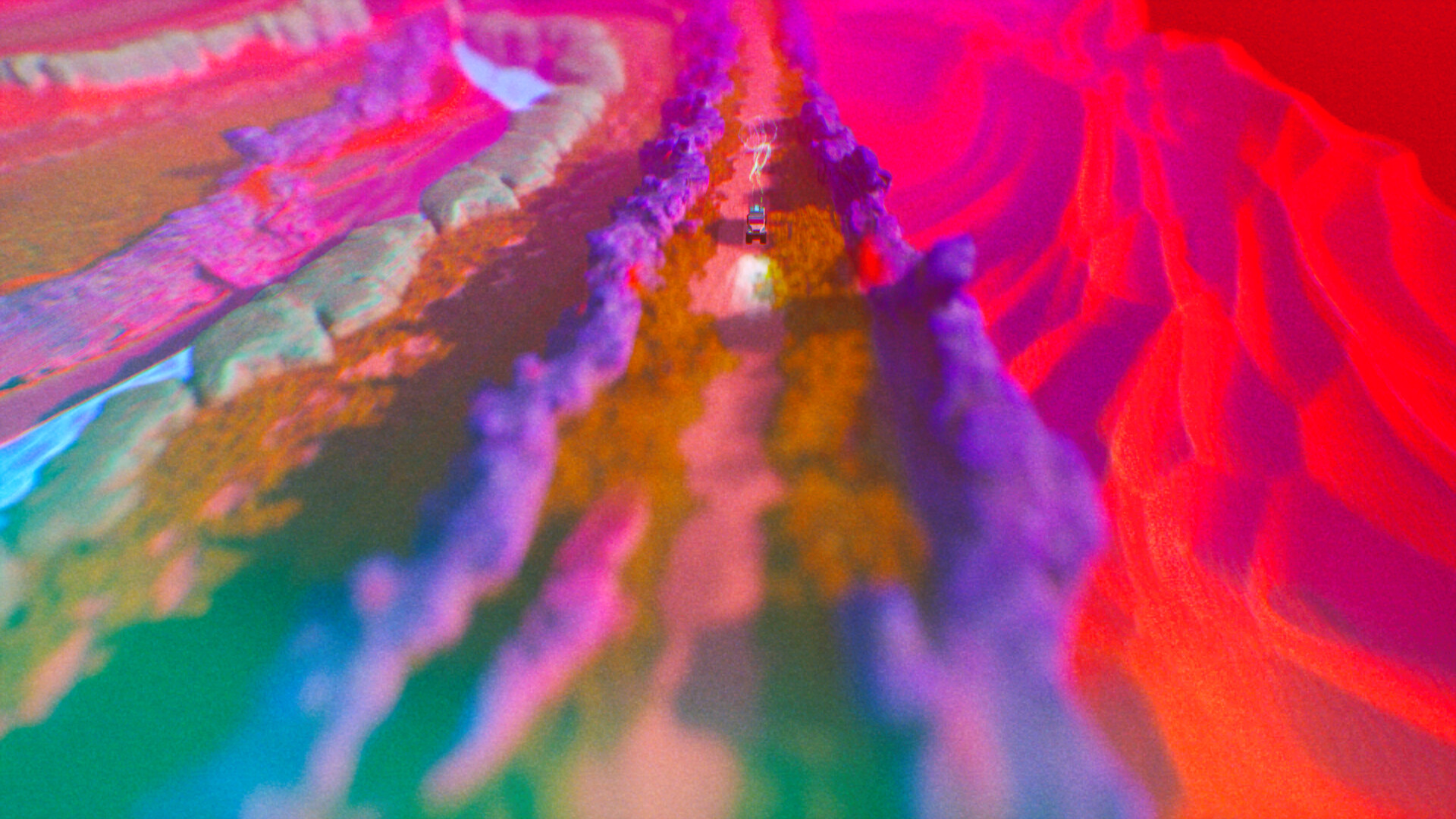 A red-and-blue tinged alien desert landscape with a vehicle racing through, in an isometric view, from game ADRIFT