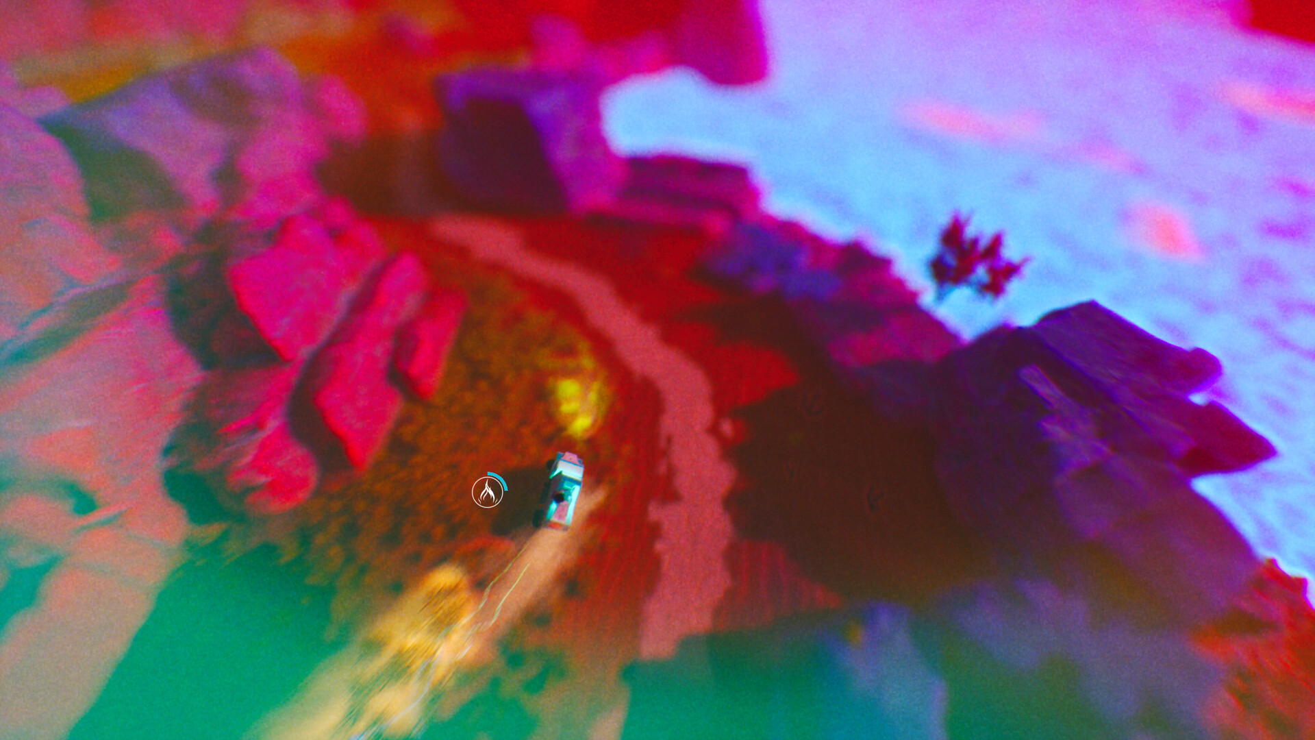 A red-and-blue tinged alien desert landscape with a vehicle racing through, in an isometric view, from game ADRIFT