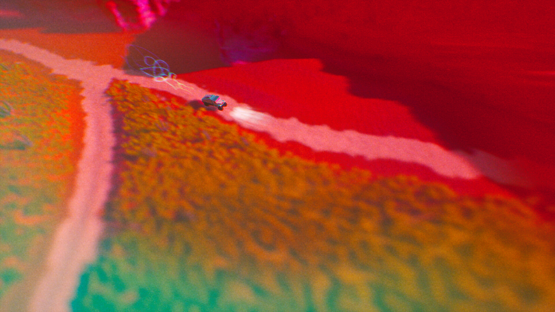 A red-and-blue tinged alien desert landscape with a vehicle racing through, in an isometric view, from game ADRIFT