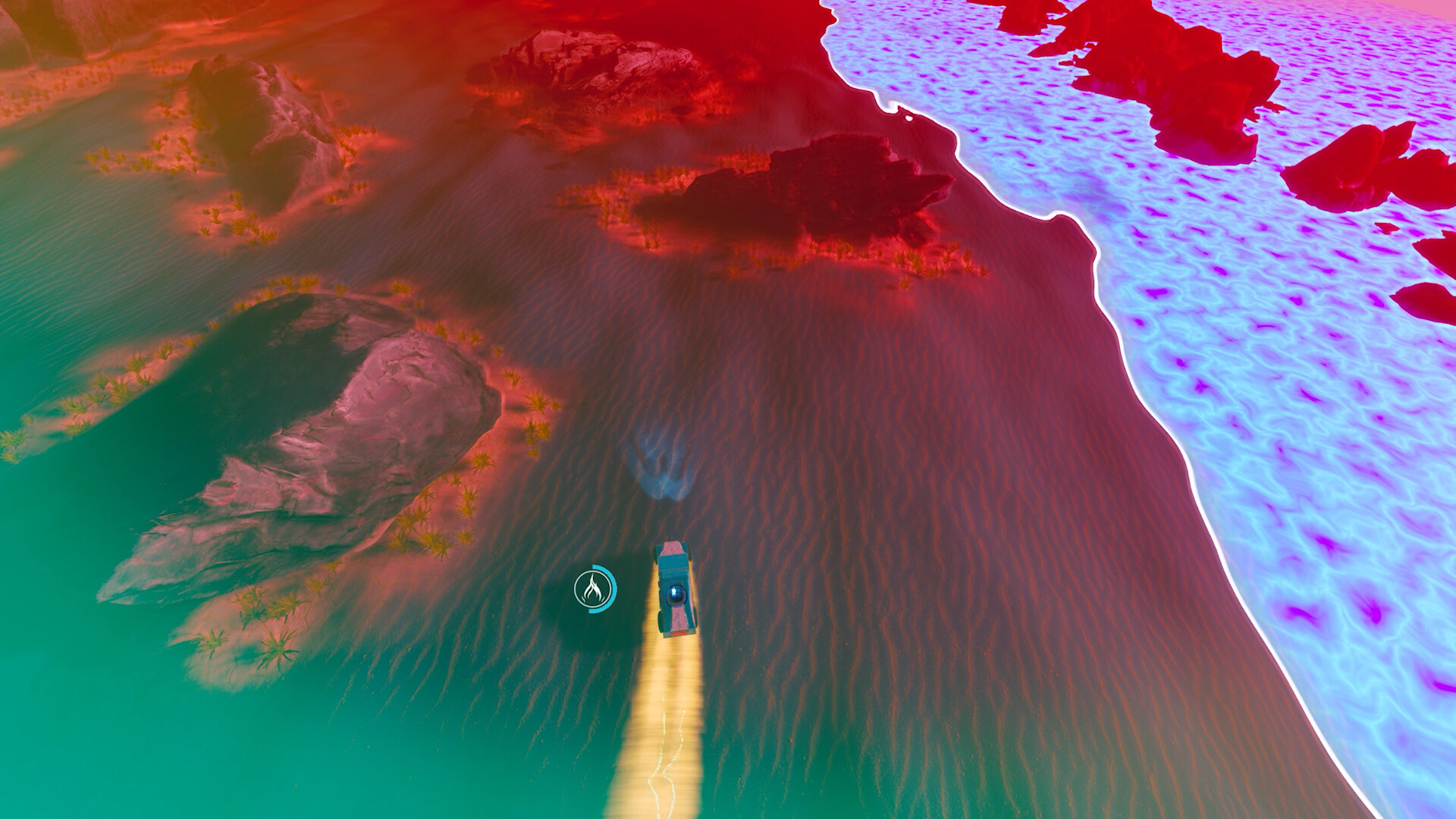 A red-and-blue tinged alien desert landscape with a vehicle racing through, in an isometric view, from game ADRIFT